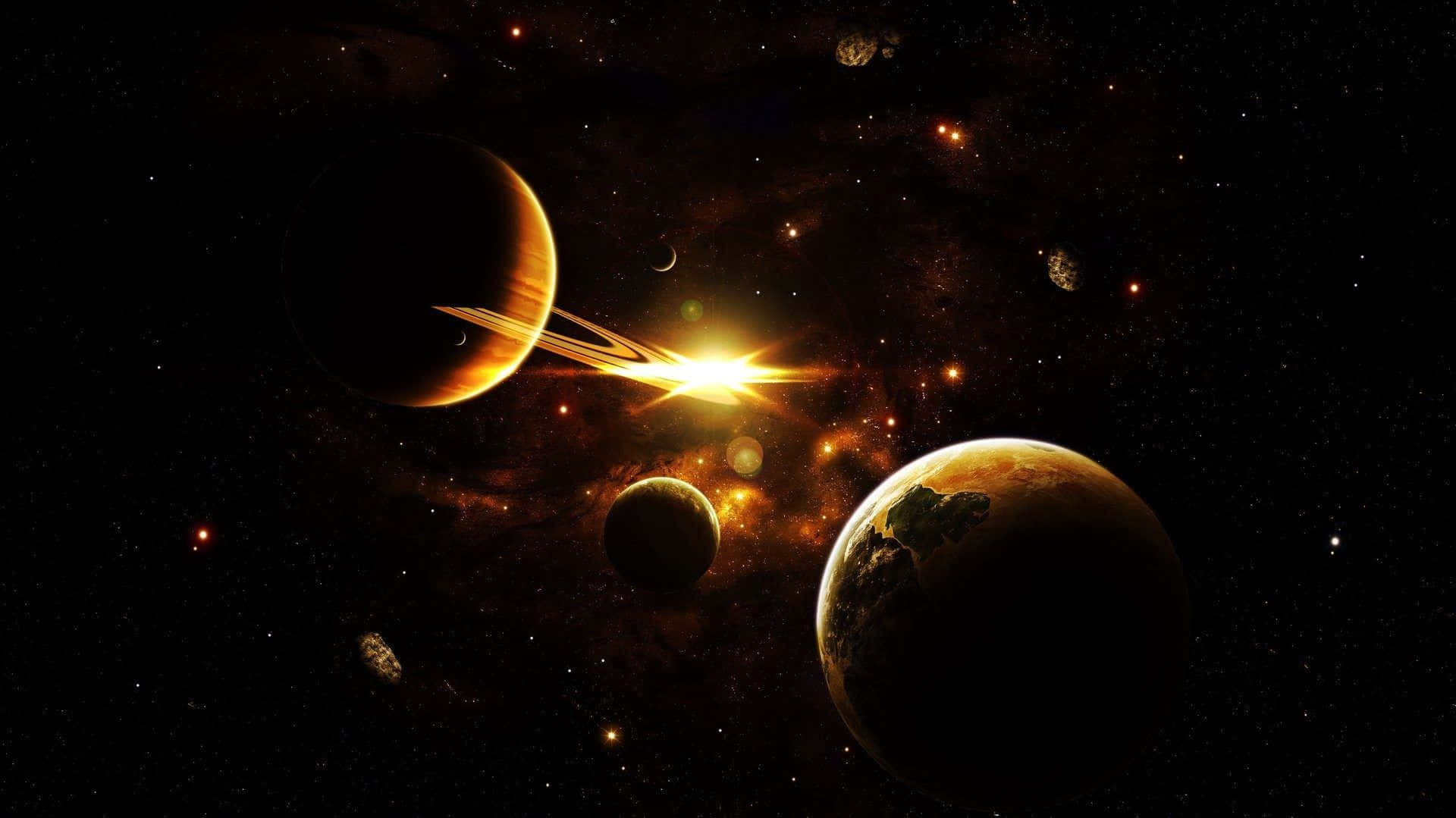 宇宙 桌布 壁紙 — 一個宇宙場景，發光的行星和環在星光點點的黑色虛空背景下，被一個光芒四射的中央星爆照亮。