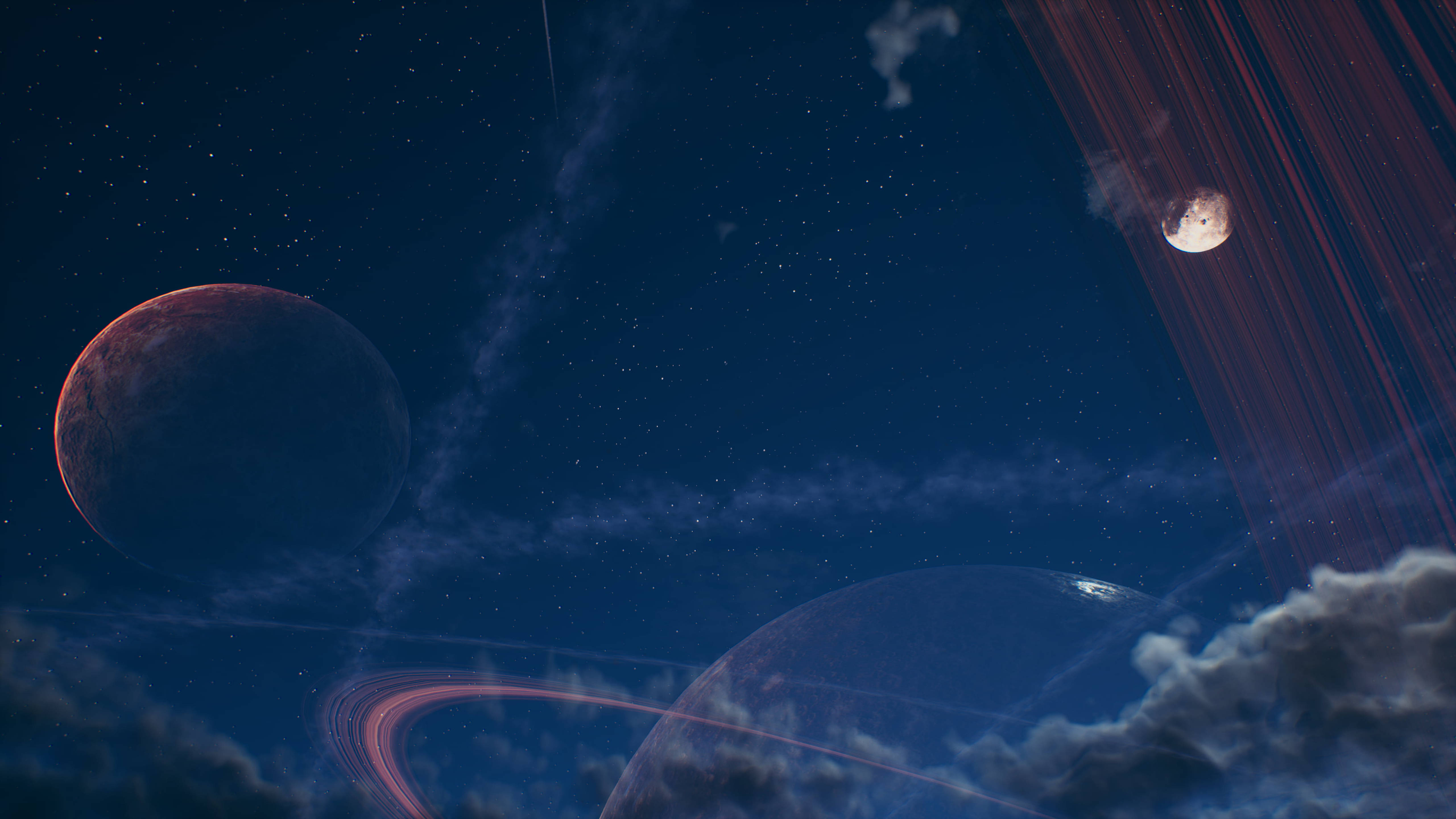 Outer Worlds 桌布 壁紙 — 一個宇宙場景，發光的行星和環在繁星點點的夜空和飄動的雲層中。