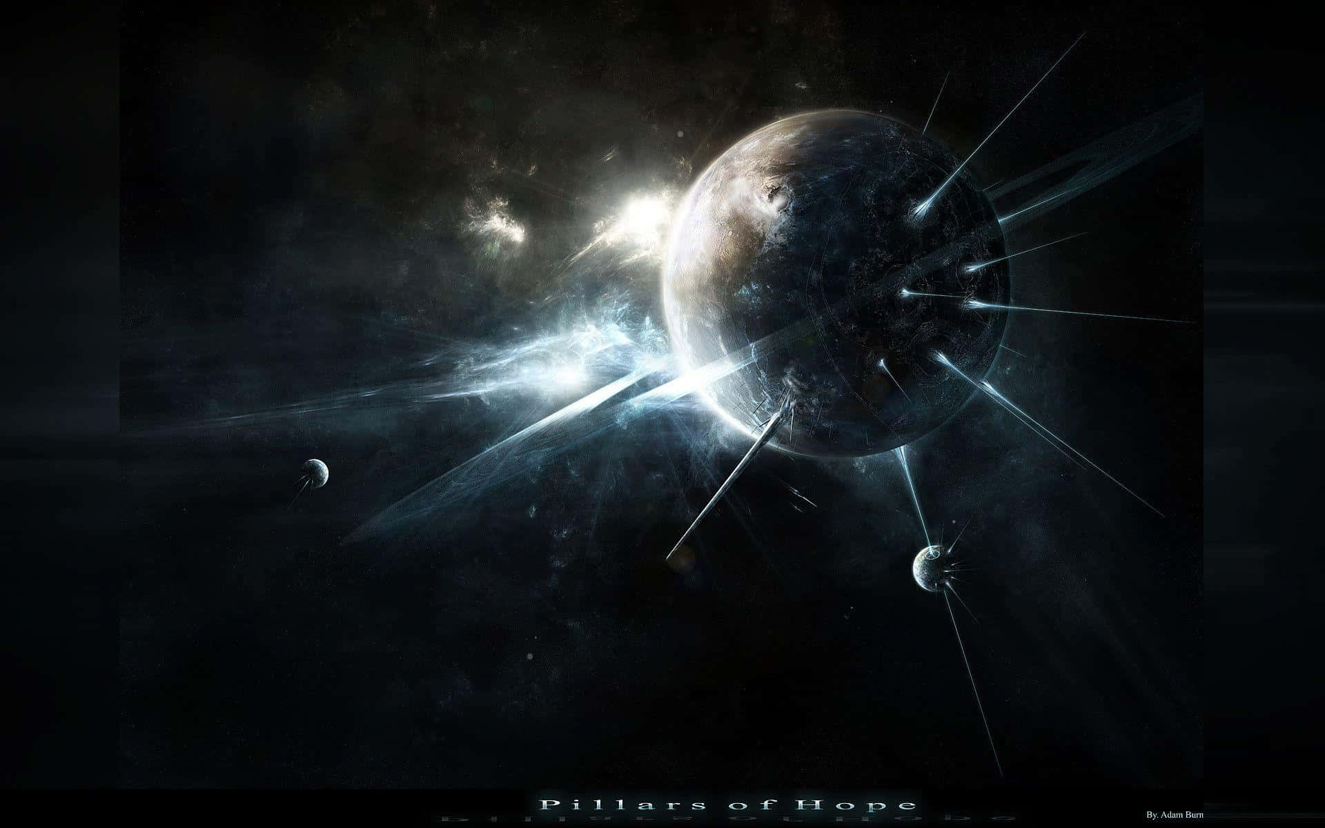 Celestial 桌布 壁紙 — 一個宇宙場景，發光的行星被輻射光束和遙遠的衛星環繞，背景是星空虛空。