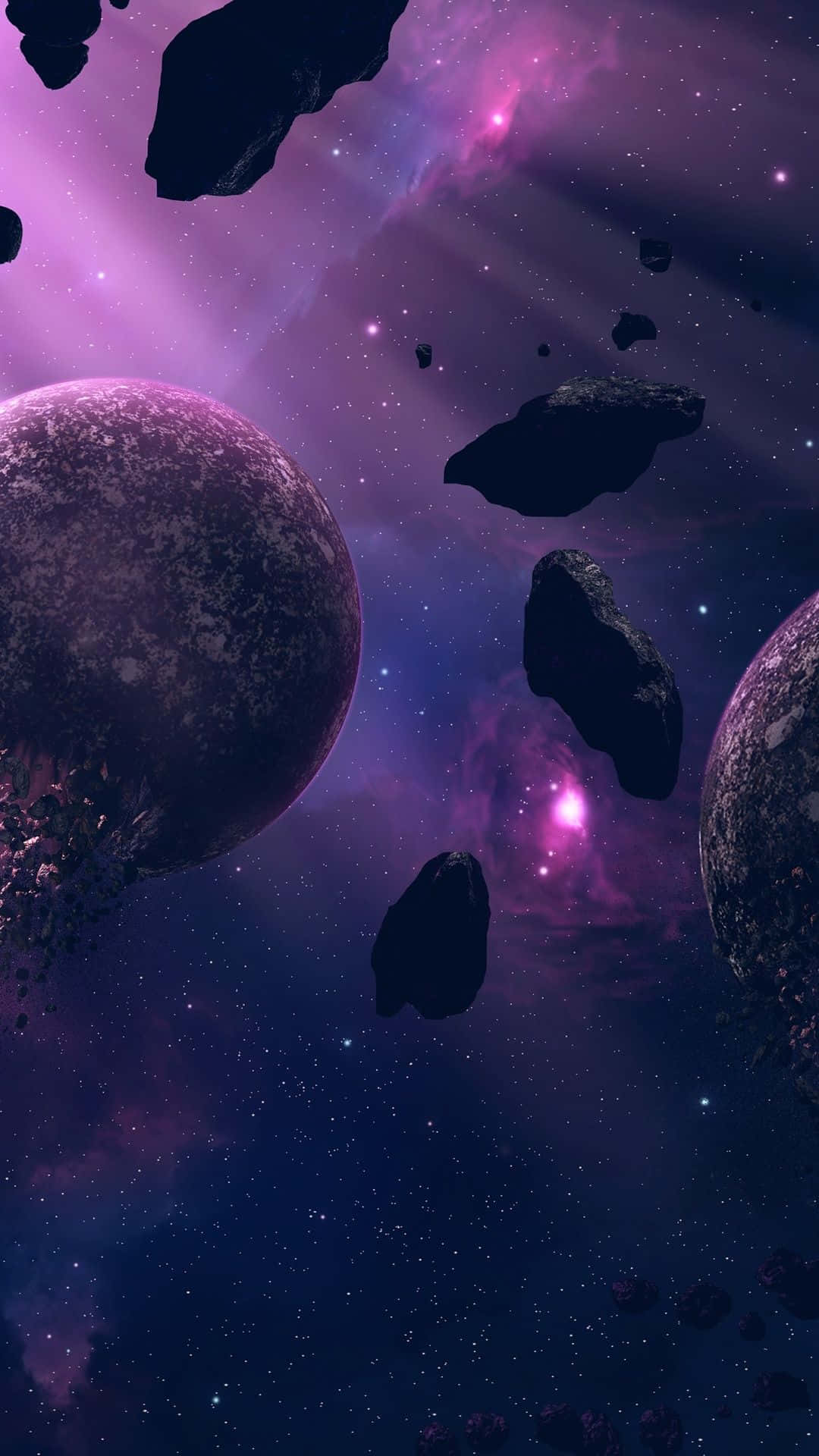 Purple Phone 桌布 壁紙 — 一個宇宙場景，紫色星雲在漂浮的小行星和兩顆大型紋理行星後方發光。