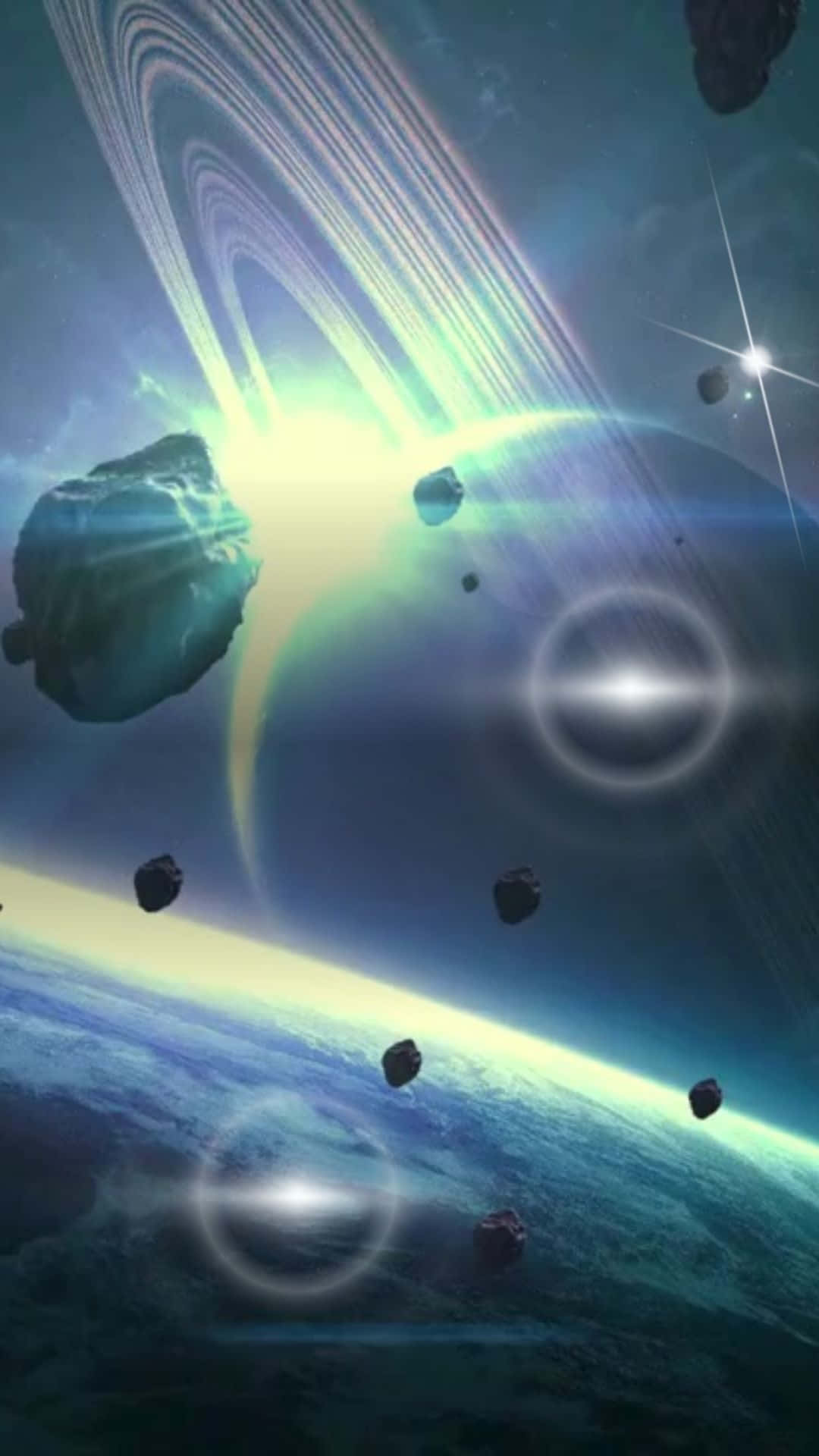 手機 桌布 壁紙 — 一個宇宙場景，行星周圍有發光環，漂浮的小行星，以及深藍色太空背景下的璀璨星光。