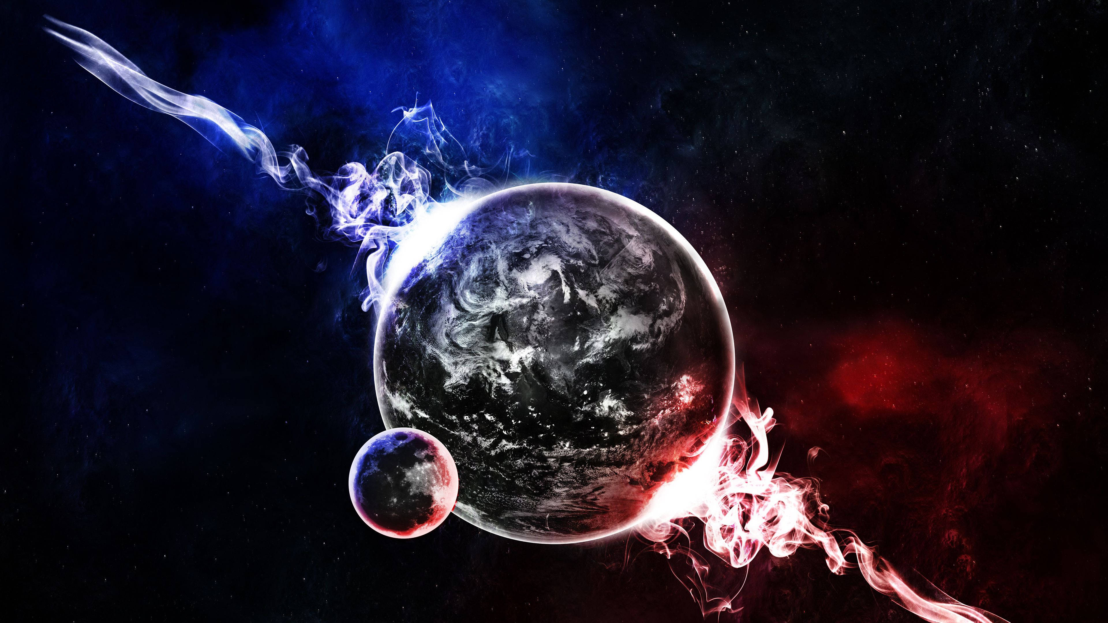 Chromebook 桌布 壁紙 — 一個宇宙場景，行星和月球被旋轉的藍色和紅色能量流包圍，背景是繁星點點的虛空。