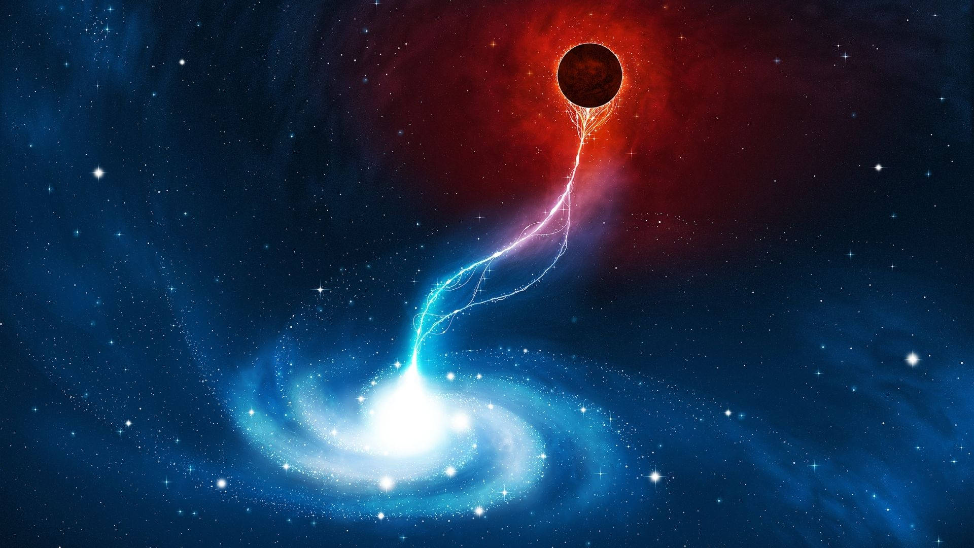 銀河 桌布 壁紙 — 一個宇宙場景，頂部的黑洞向下方旋轉的星系發射發光的藍色噴流，背景是繁星點點的深空。