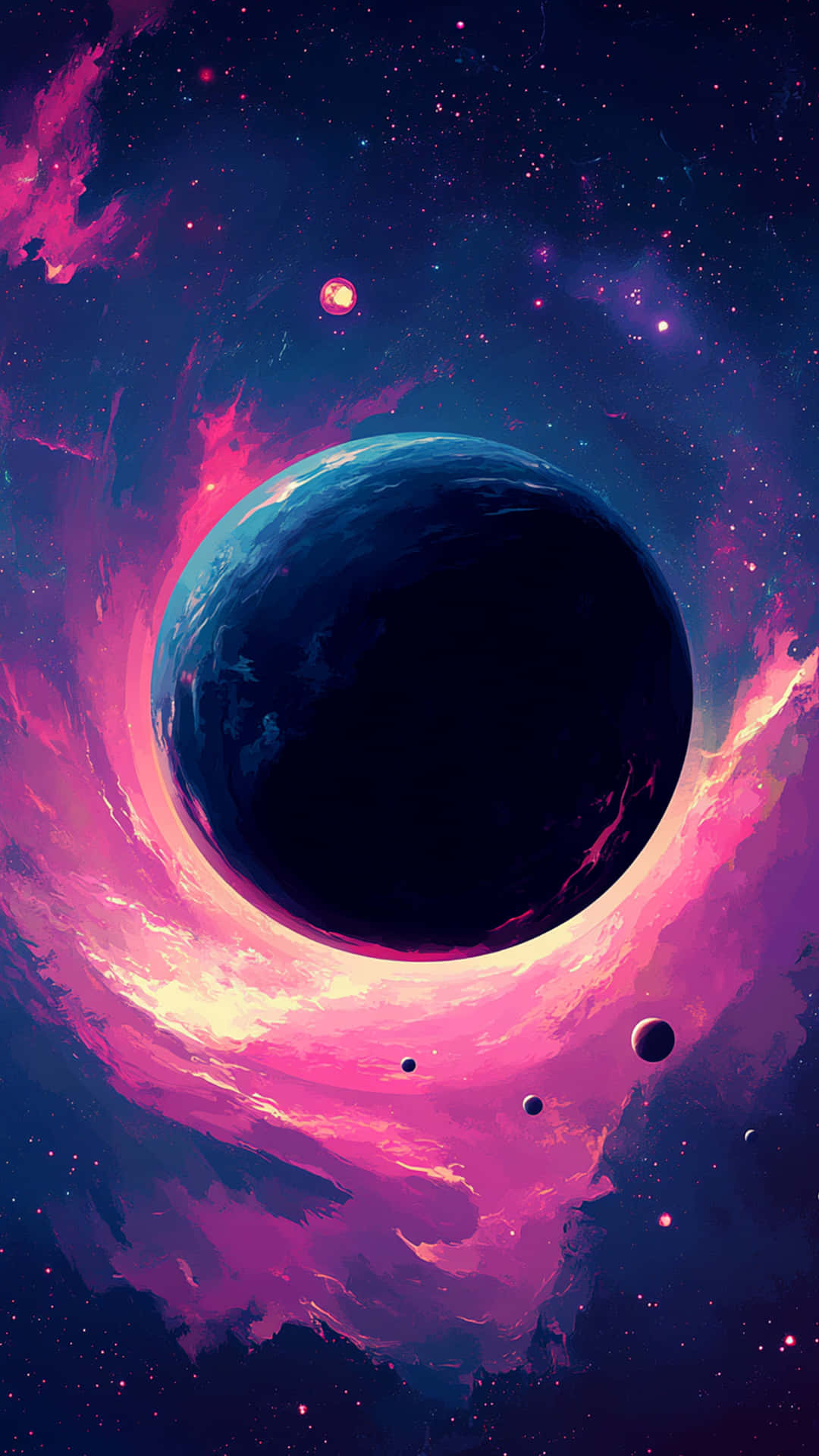 Galaxy with night sky background 壁紙 — 一個宇宙場景，顯示一個黑暗行星被旋轉的粉紅色和紫色星雲包圍，並有遙遠的恆星和較小的天體。