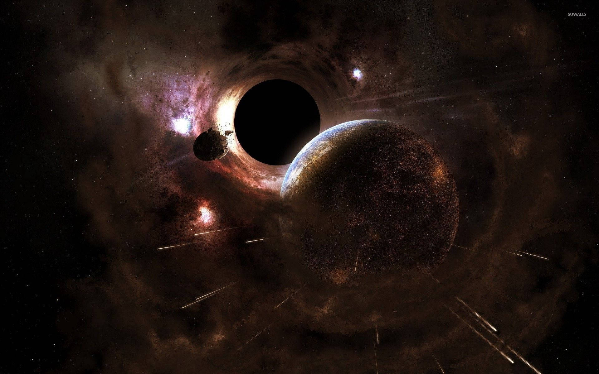 黑洞 桌布 壁紙 — 一個宇宙場景，黑洞在旋轉星雲和流星中吞噬一顆行星。