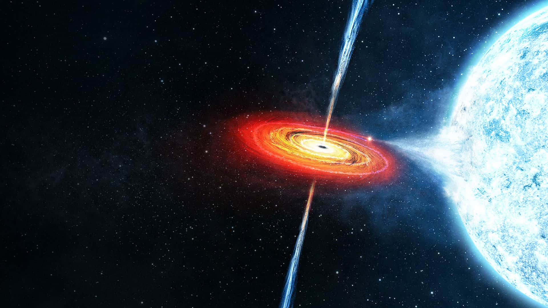 Black Hole Hubble Telescope 桌布 壁紙 — 一個宇宙場景顯示一個黑洞，帶有發光的吸積盤和從其兩極射出的噴流，靠近一顆藍色行星，背景是繁星點點的虛空。