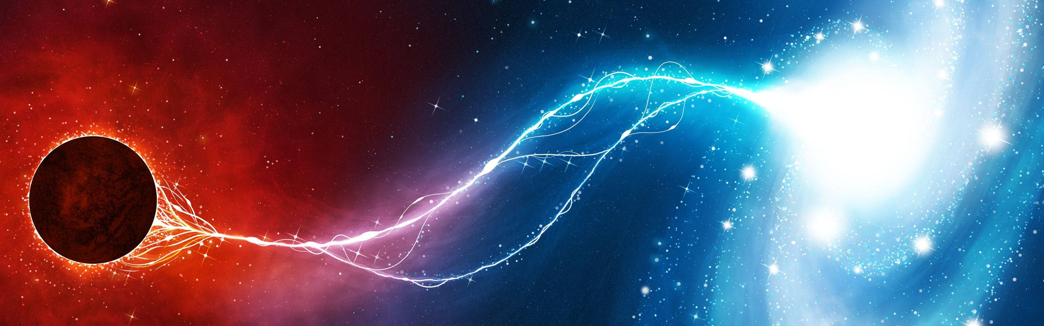 high 桌布 壁紙 — 一個宇宙場景顯示一顆黑暗行星向燦爛的藍色星場發射發光的白色能量流。