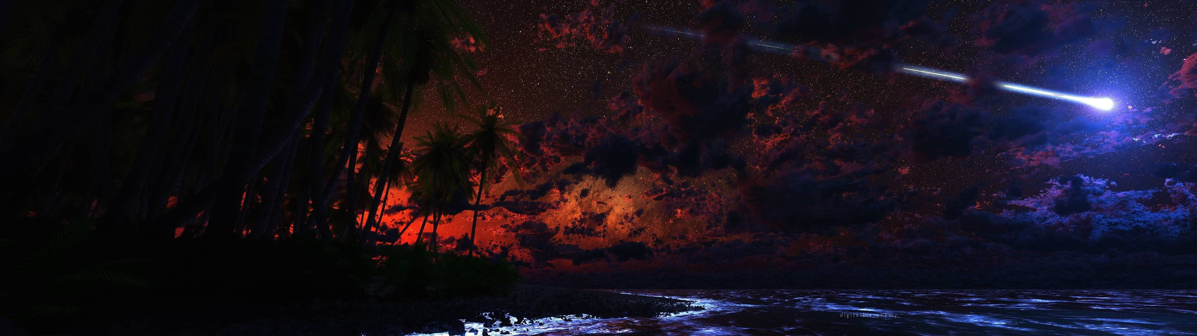 海灘 桌布 壁紙 — 一個宇宙夜景，棕櫚樹在火橙色和深藍色的天空中襯托出剪影，天空被一顆明亮的流星劃過。