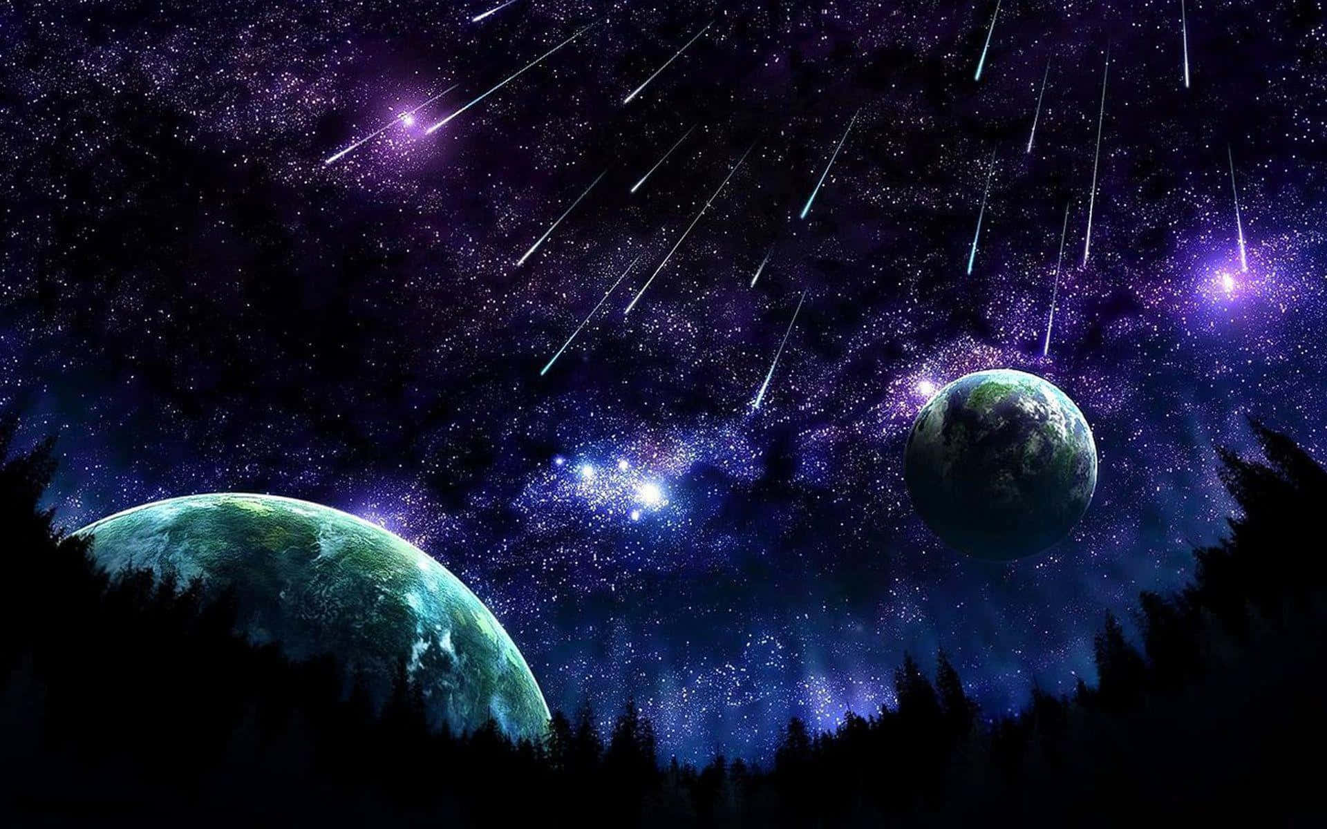 酷炫太空 桌布 壁紙 — 一個宇宙夜空，有兩顆發光的行星和流星劃過黑暗森林剪影的上方。