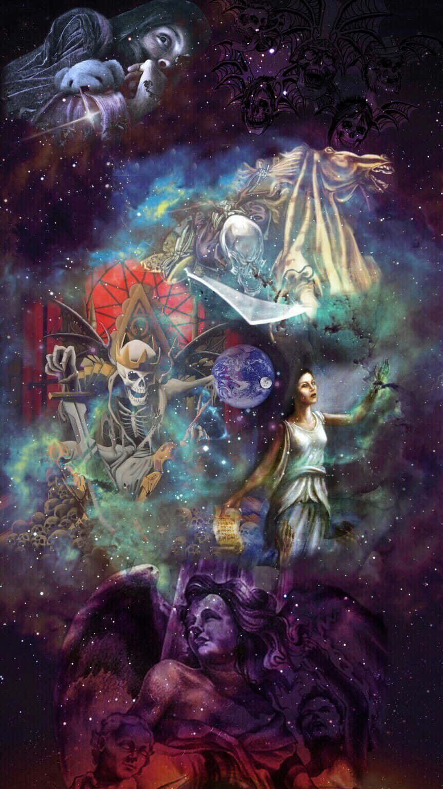 桌布 壁紙 — 一個宇宙奇幻場景，有骷髏人物、天使和天體在紫色和藍色的星雲中旋轉。
