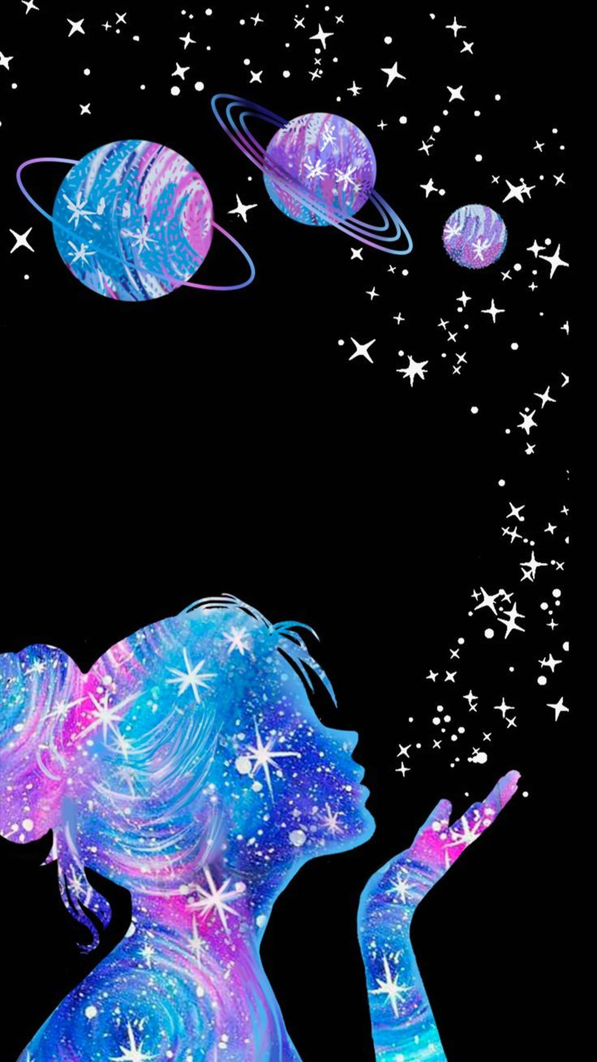 銀河 桌布 壁紙 — 一個宇宙女孩剪影將星塵吹入充滿發光行星和恆星的夜空。