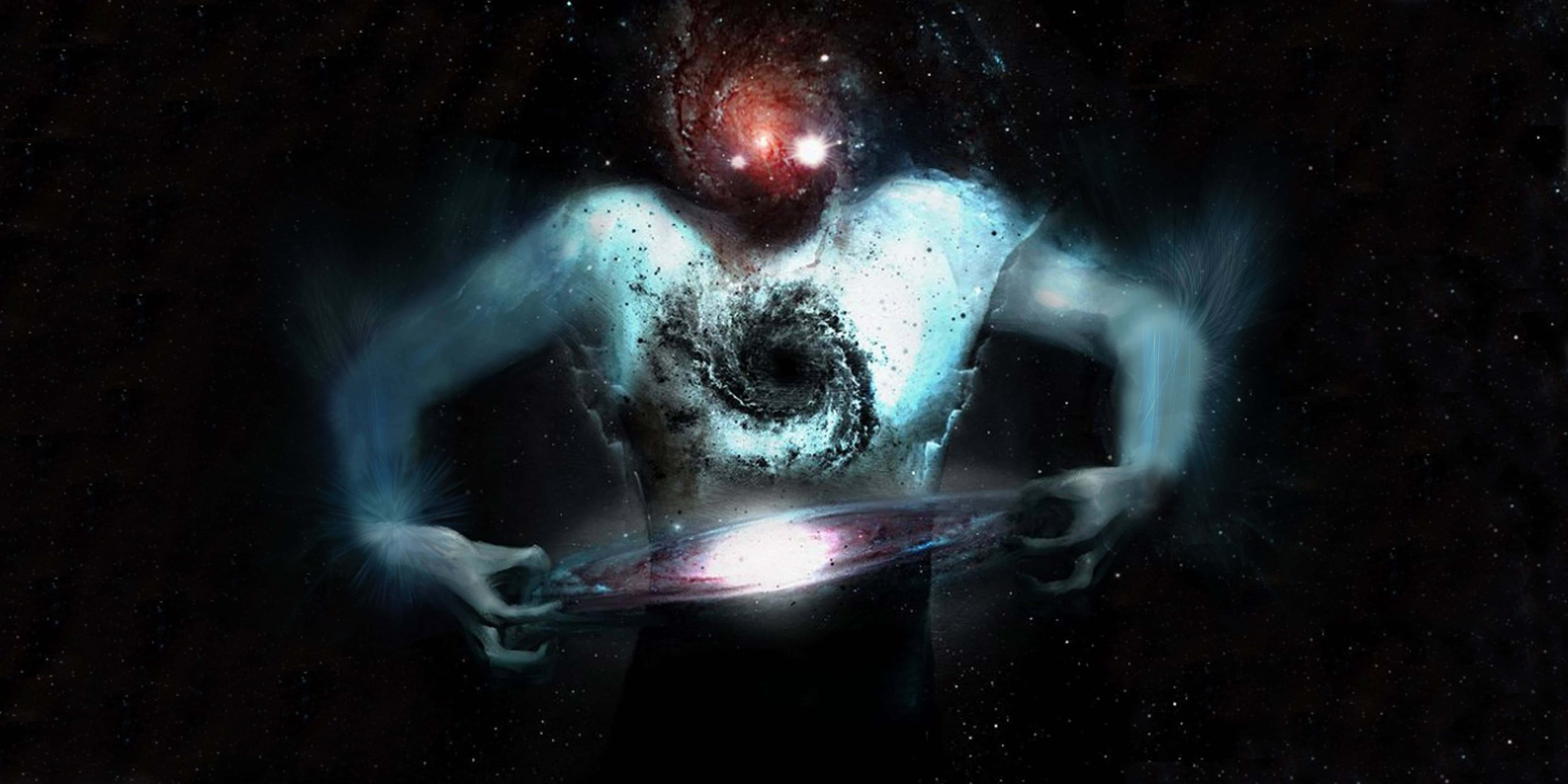 恐怖動圖 桌布 壁紙 — 一個宇宙實體，擁有發光的紅色眼睛和旋轉的銀河軀幹，在繁星點點的虛空中手持一個發光的圓盤。