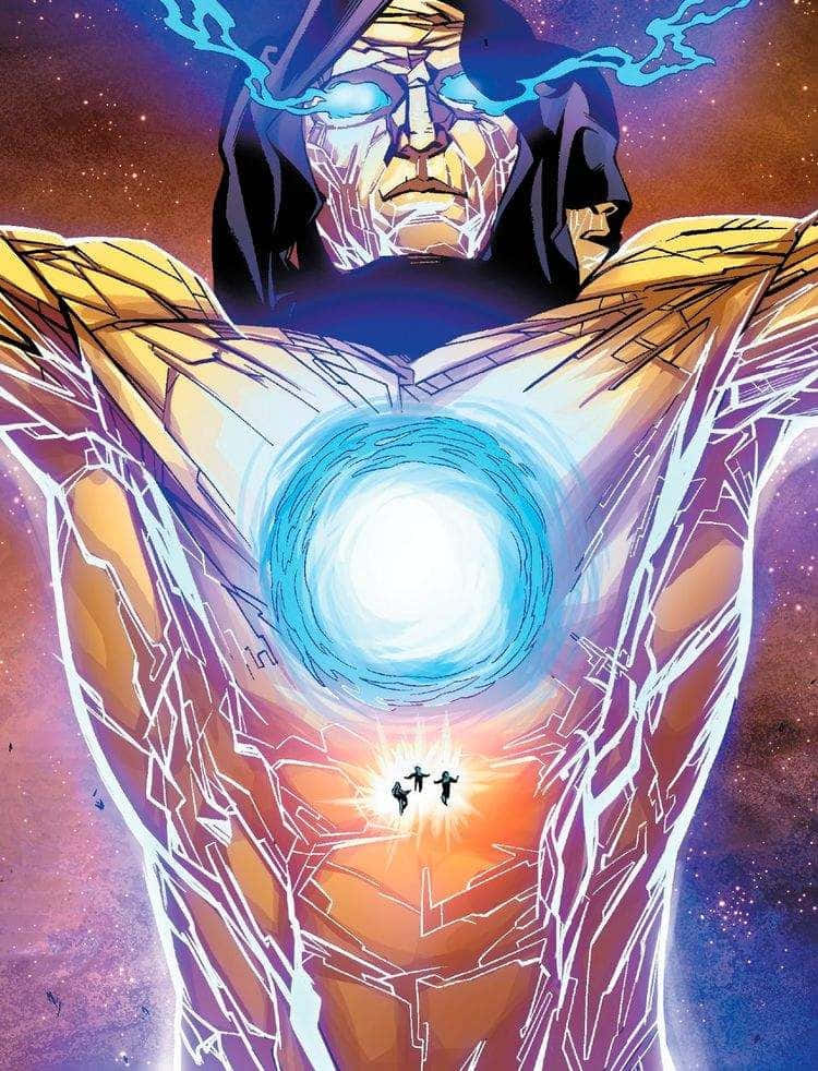 Masters Of Evil 桌布 壁紙 — 一個宇宙實體，擁有發光的藍色眼睛和發光的胸部傳送門，站在繁星點點的星雲前，小人物們接近它的光芒。
