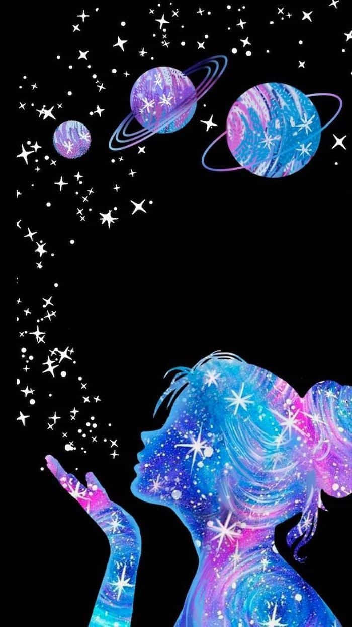 Silhouette 桌布 壁紙 — 一個宇宙少女剪影，從她手中吹出星光銀河，朝向漂浮在黑色虛空中的行星。