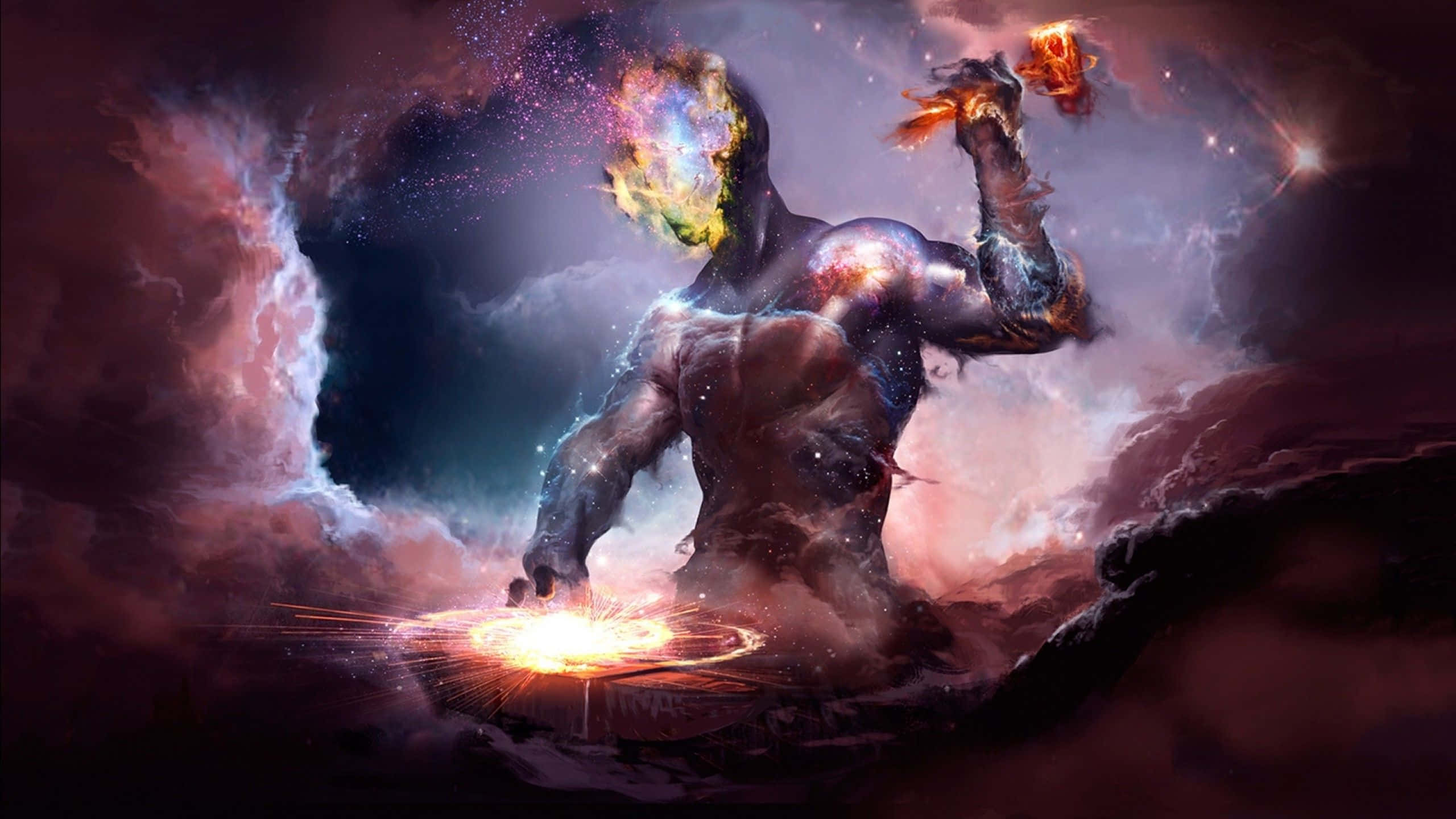 Galaxy Themed Paintings 桌布 壁紙 — 一個宇宙巨人，頭部是星雲，雙手燃燒著火焰，站在岩石露頭上，周圍是旋轉的紫色和粉紅色星雲。