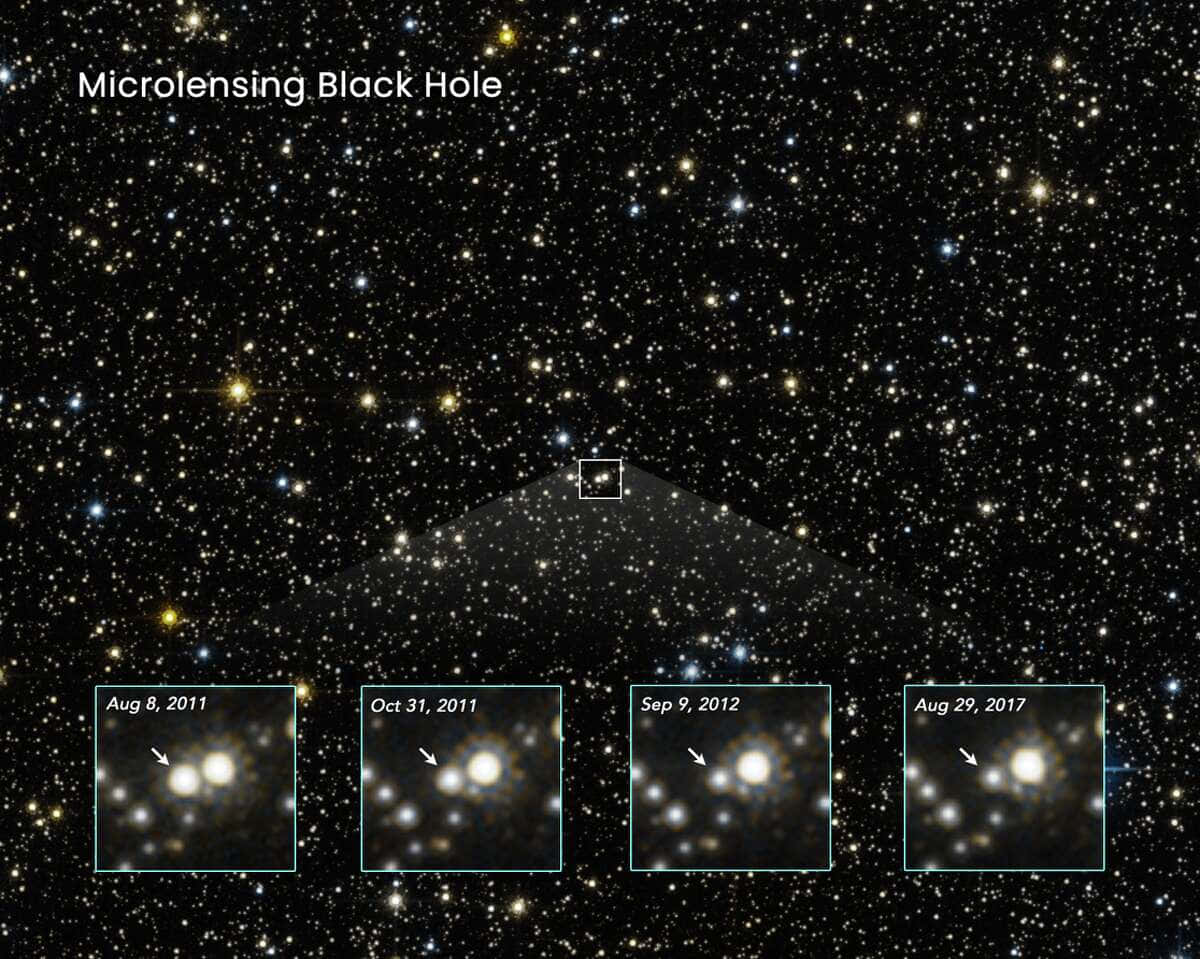 Black Hole Hubble Telescope 桌布 壁紙 — 一個宇宙微引力透鏡事件揭示了黑洞對遙遠恆星隨時間變化的引力透鏡效應。