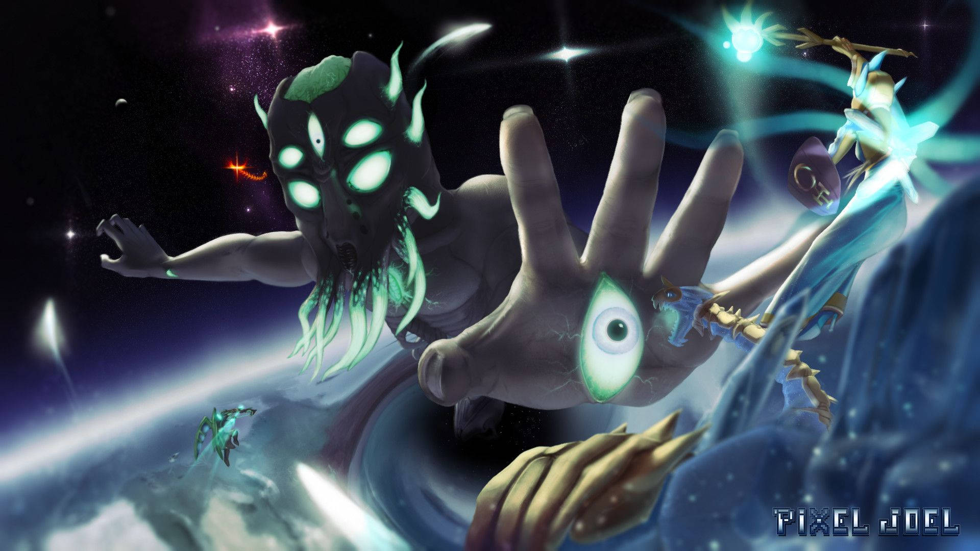 Terraria 桌布 壁紙 — 一個宇宙恐怖實體，擁有發光的眼睛和觸手，伸向一顆行星，而發光的生物和一隻巨大的眼睛漂浮在星空之中。