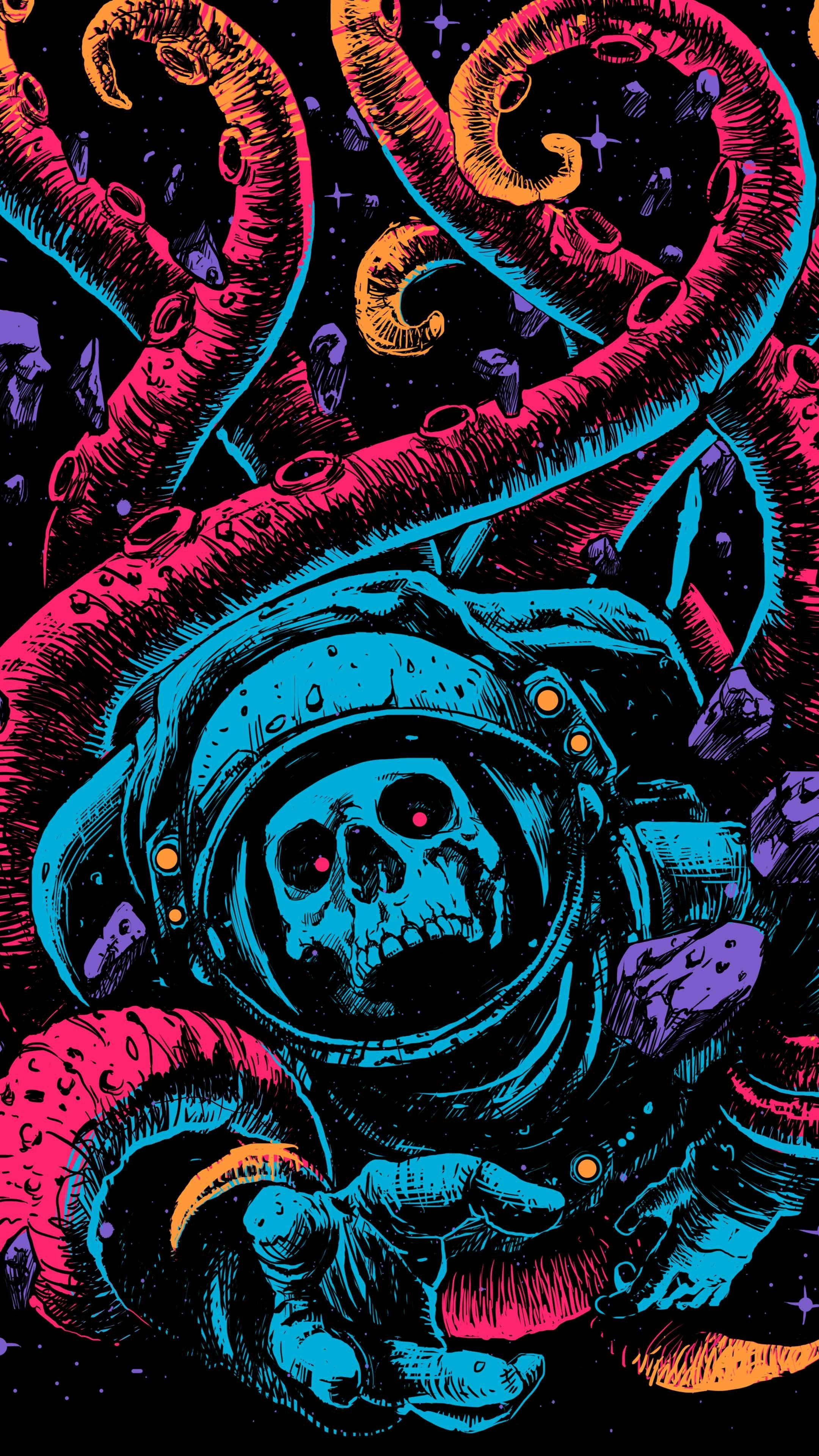Screen 桌布 壁紙 — 一個宇宙恐怖插圖，描繪一個穿著藍色太空衣的骷髏臉太空人，在佈滿星星的黑色虛空中被螢光粉紅和橙色觸手擁抱。