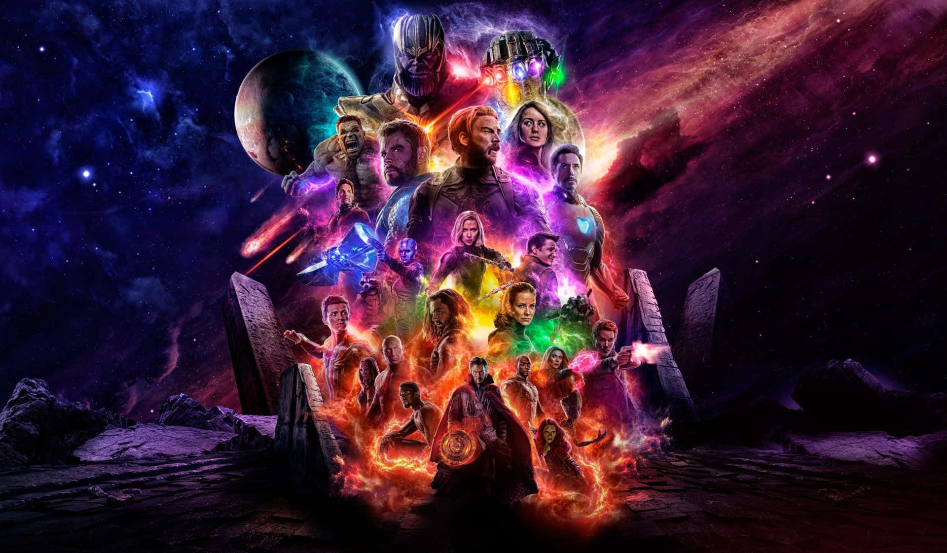 桌布 壁紙 — 一個宇宙戰鬥場景，Marvel 超級英雄和反派站在一個熾熱的基座上，背景是星光燦爛的紫色星系。
