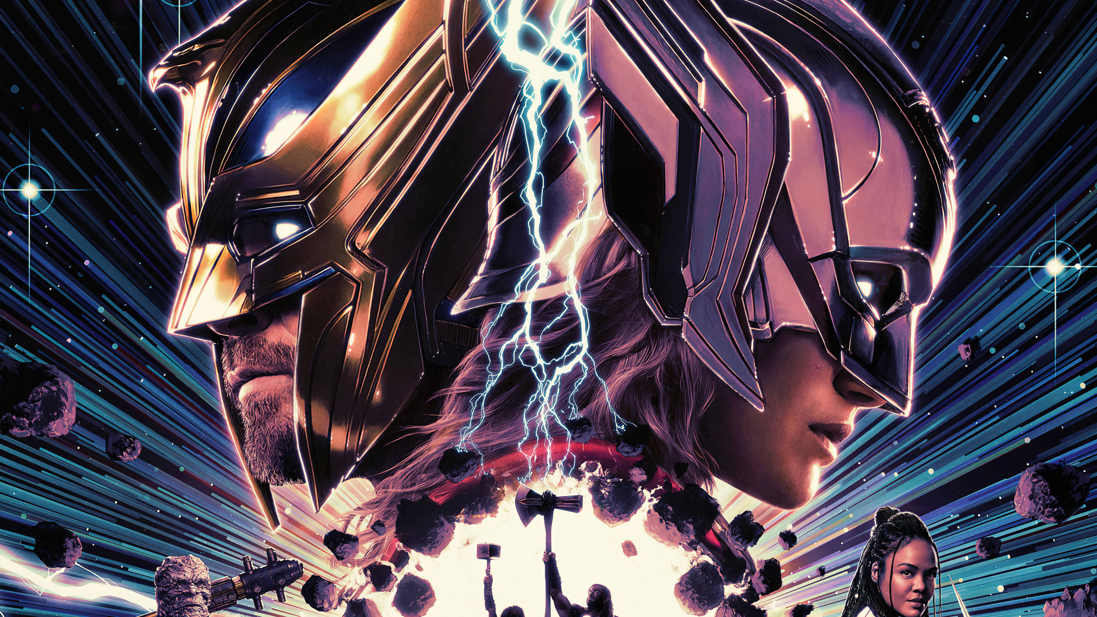 Marvel Desktop 桌布 壁紙 — 一個宇宙戰鬥場景，兩名身穿盔甲的英雄對峙，閃電在他們之間劃過，背景是繁星點點的太空。