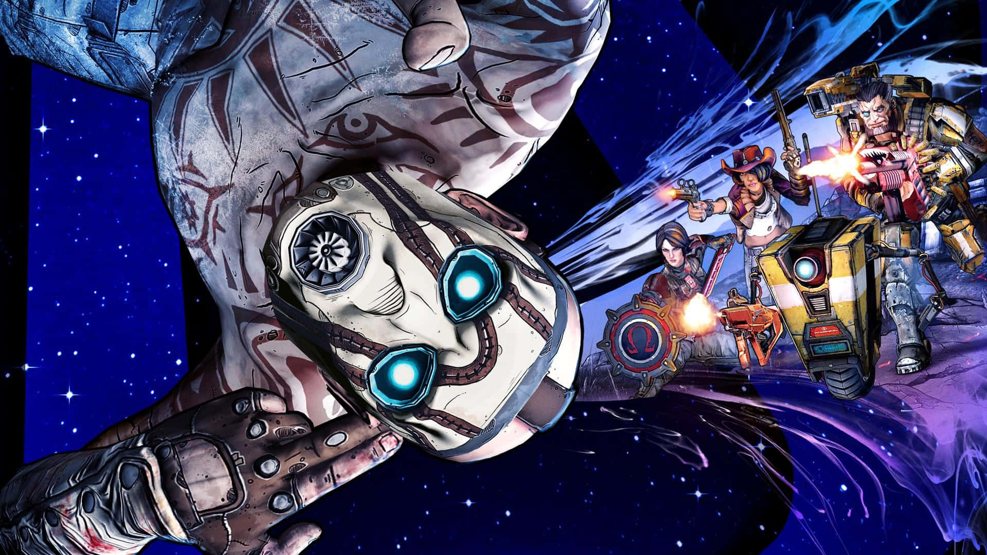 1080p Borderlands 3 桌布 壁紙 — 一個宇宙戰鬥場景，裝甲角色在星空太空背景下發射武器，帶有發光的藍色眼睛和動態運動效果。