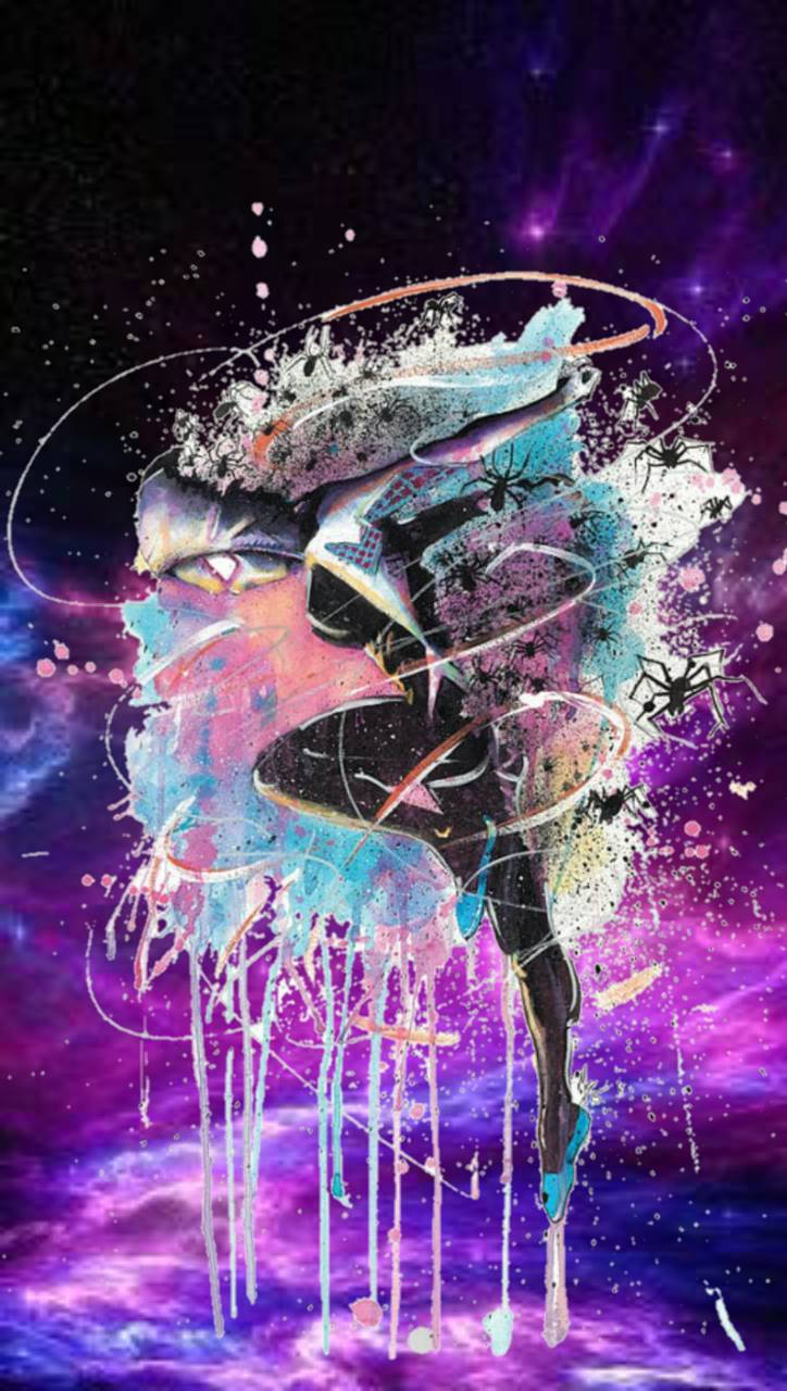 蜘蛛關 桌布 壁紙 — 一個宇宙抽象人物，帶有發光的眼睛和油漆飛濺，背景是充滿活力的紫色星雲。