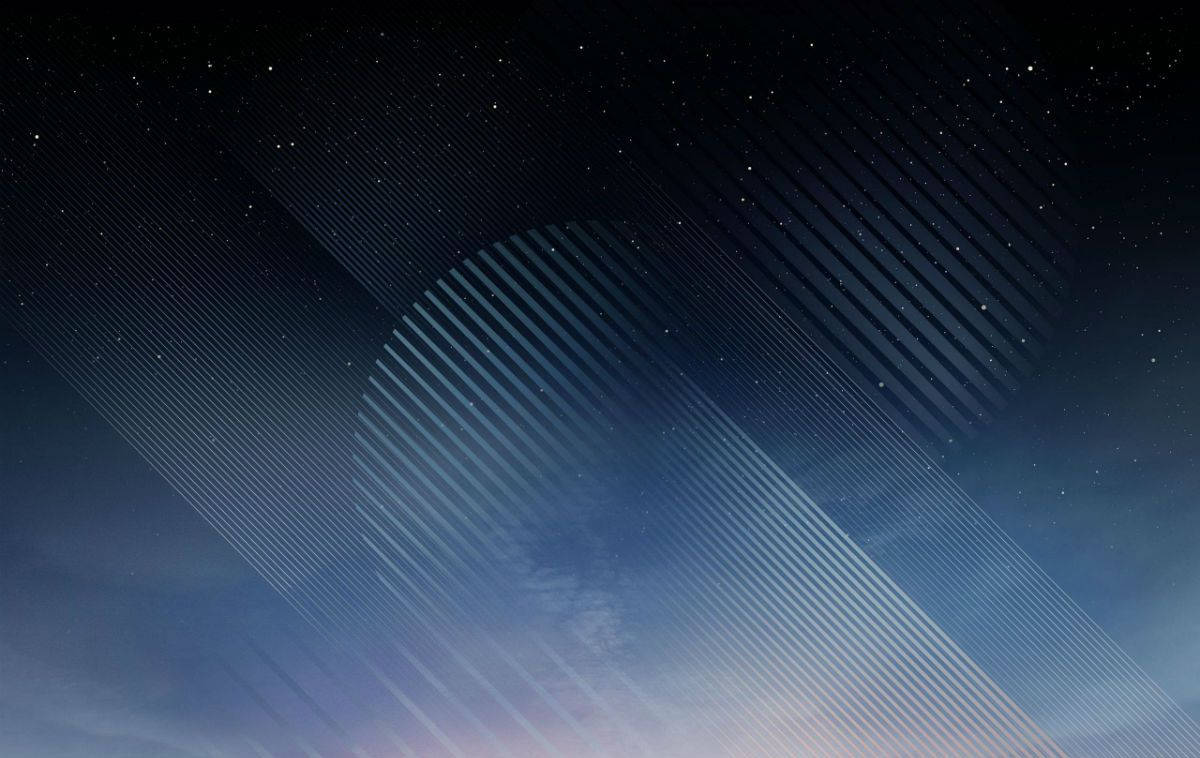 Note 8 桌布 壁紙 — 一個宇宙抽象圖案，帶有對角線光條劃過繁星點點的夜空，逐漸過渡到柔和的黎明色調。
