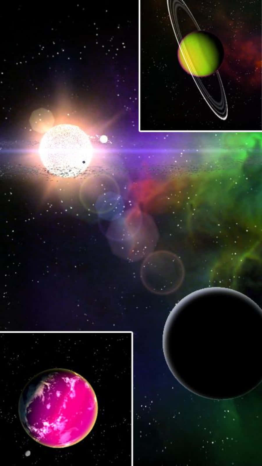 Celestial Bodies 桌布 壁紙 — 一個宇宙拼貼，包含一顆光芒四射的太陽、一顆帶環的綠色行星、一顆黑色行星，以及一顆在星空背景下發光的粉紅色世界。