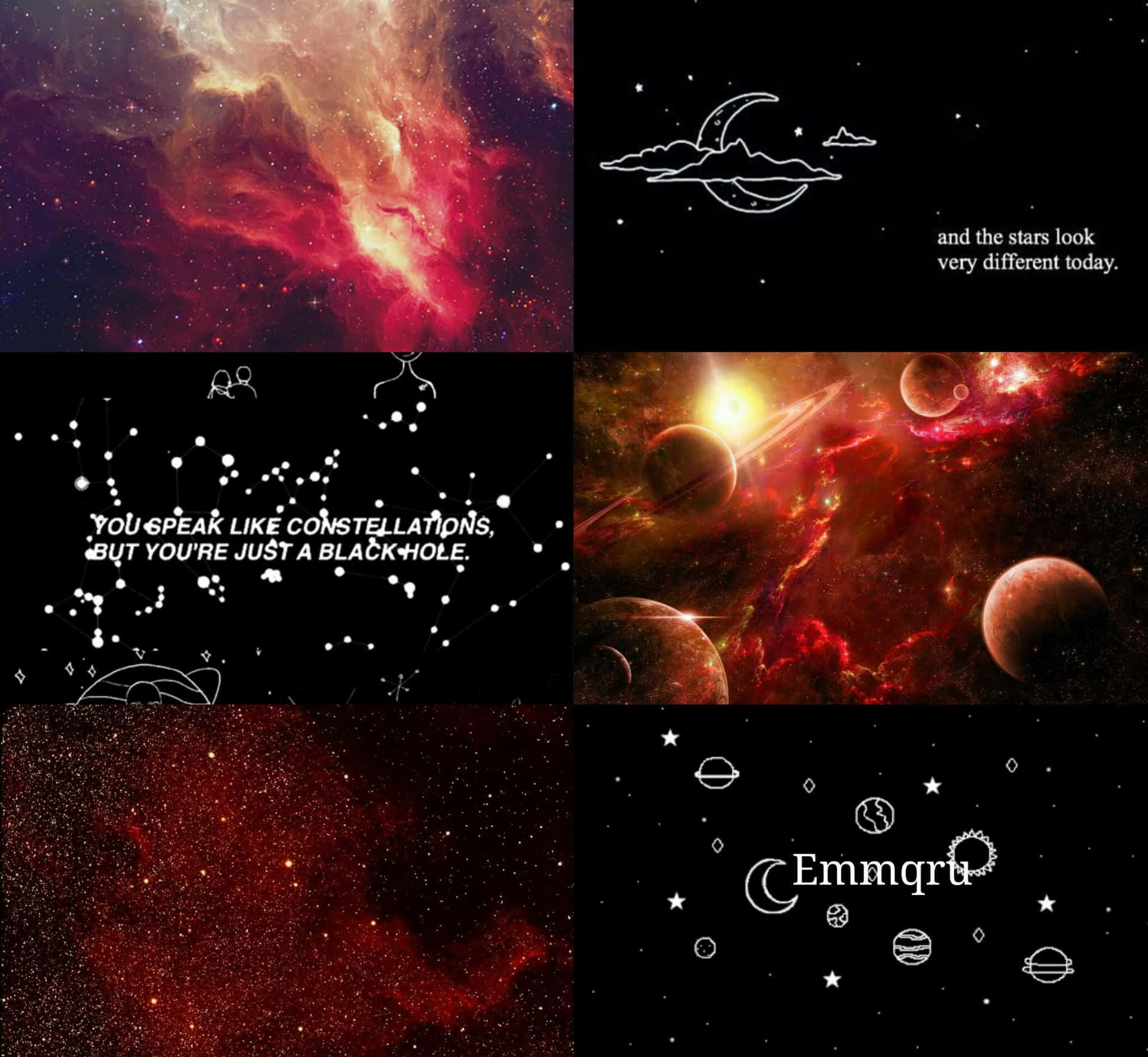 天體拼貼，包含彩色星雲和星星、行星的白色線條藝術及詩意文字。 — 看臉時代 GIF 壁紙