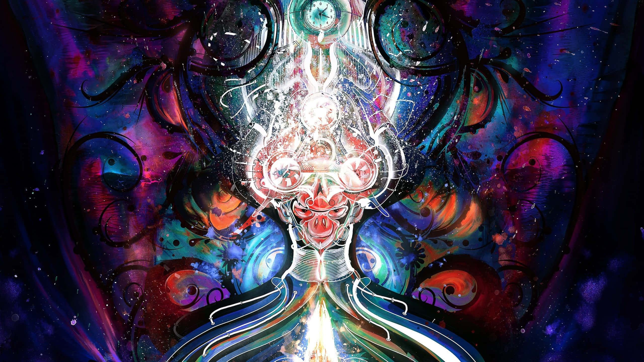 Psychedelic 3d Art 桌布 壁紙 — 一個宇宙數位藝術人物，擁有發光的眼睛和輻射能量爆發，背景是紫色、藍色和紅色的旋轉星雲。