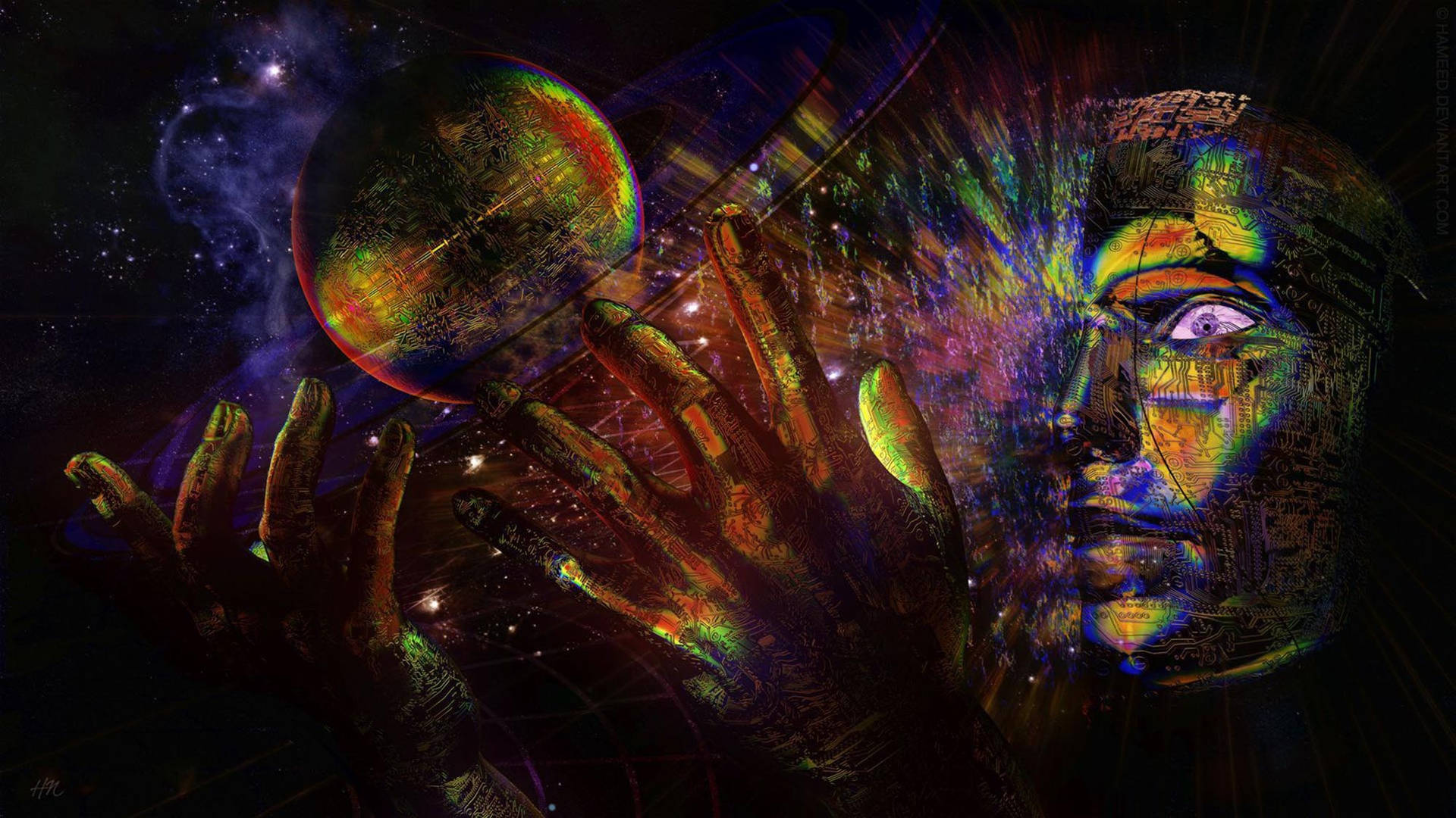 一張發光的臉和一雙手在繁星宇宙場景中伸向一顆行星。 — 迷幻暗黑美學 壁紙