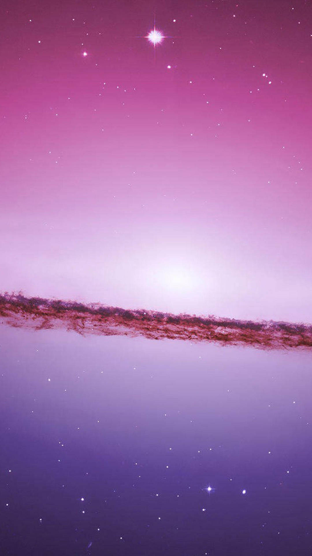 iPhone 桌布 壁紙 — 一個宇宙星系，帶有發光的粉紅色和紫色漸變天空，點綴著閃爍的星星。