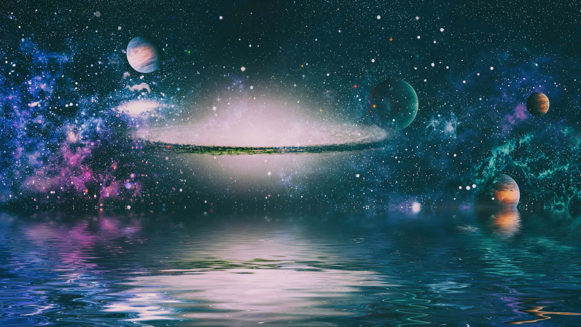 行星動畫 桌布 壁紙 — 一個宇宙星系，發光的行星漂浮在反射水面上，星空下。