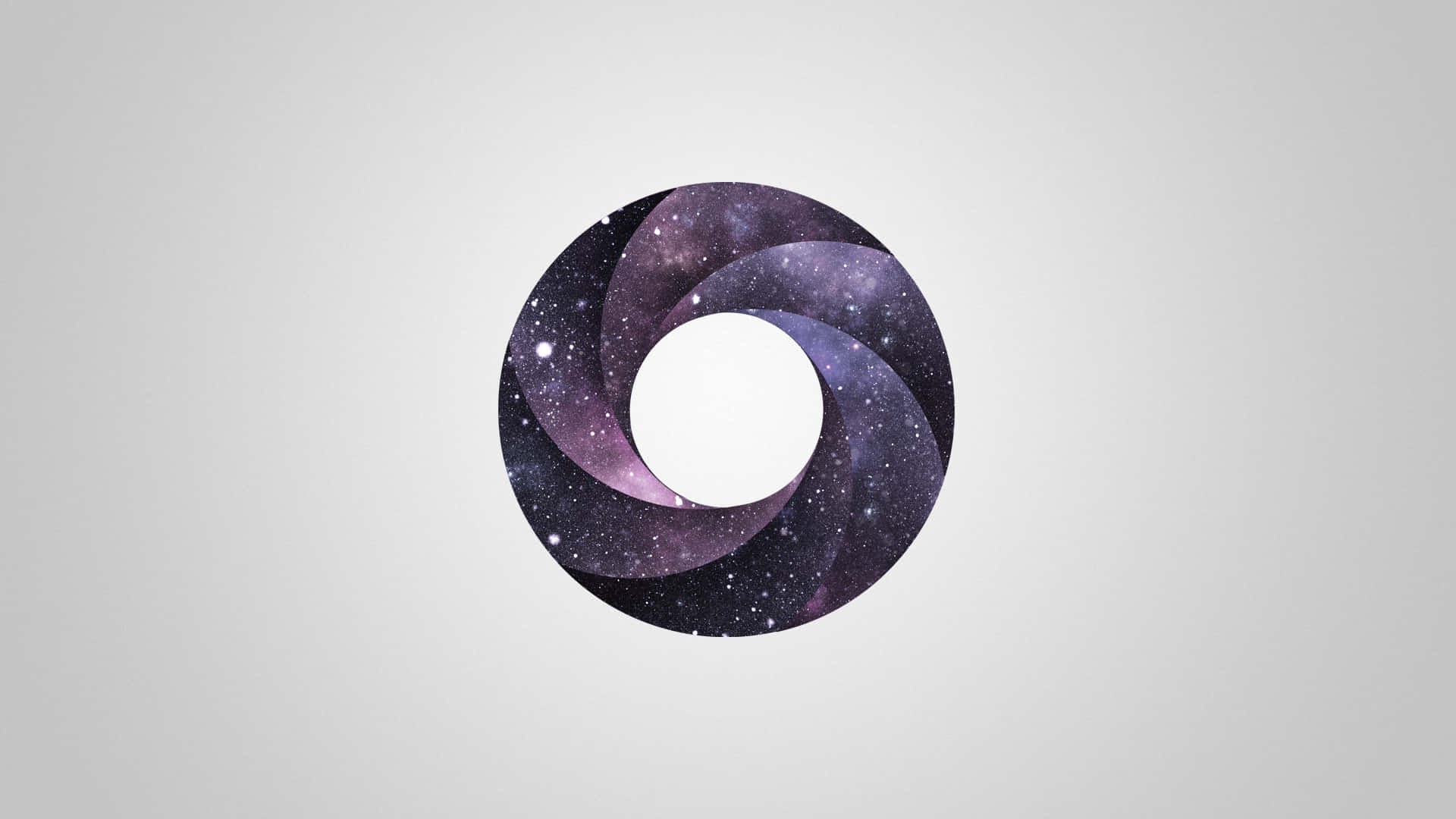 Minimalist Space 桌布 壁紙 — 一個宇宙星系在相機光圈形狀內旋轉，背景為柔和的灰色。