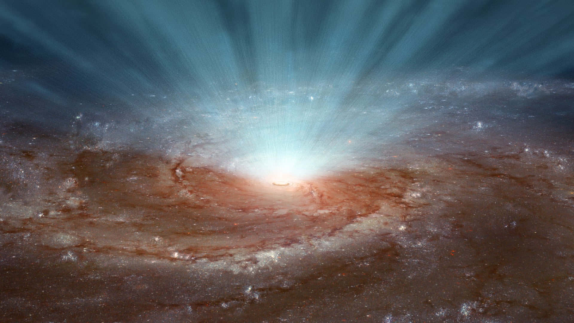 Elliptical Galaxy 桌布 壁紙 — 一個宇宙星系從其核心發出明亮的藍光，映襯著旋轉的微紅色塵埃帶。