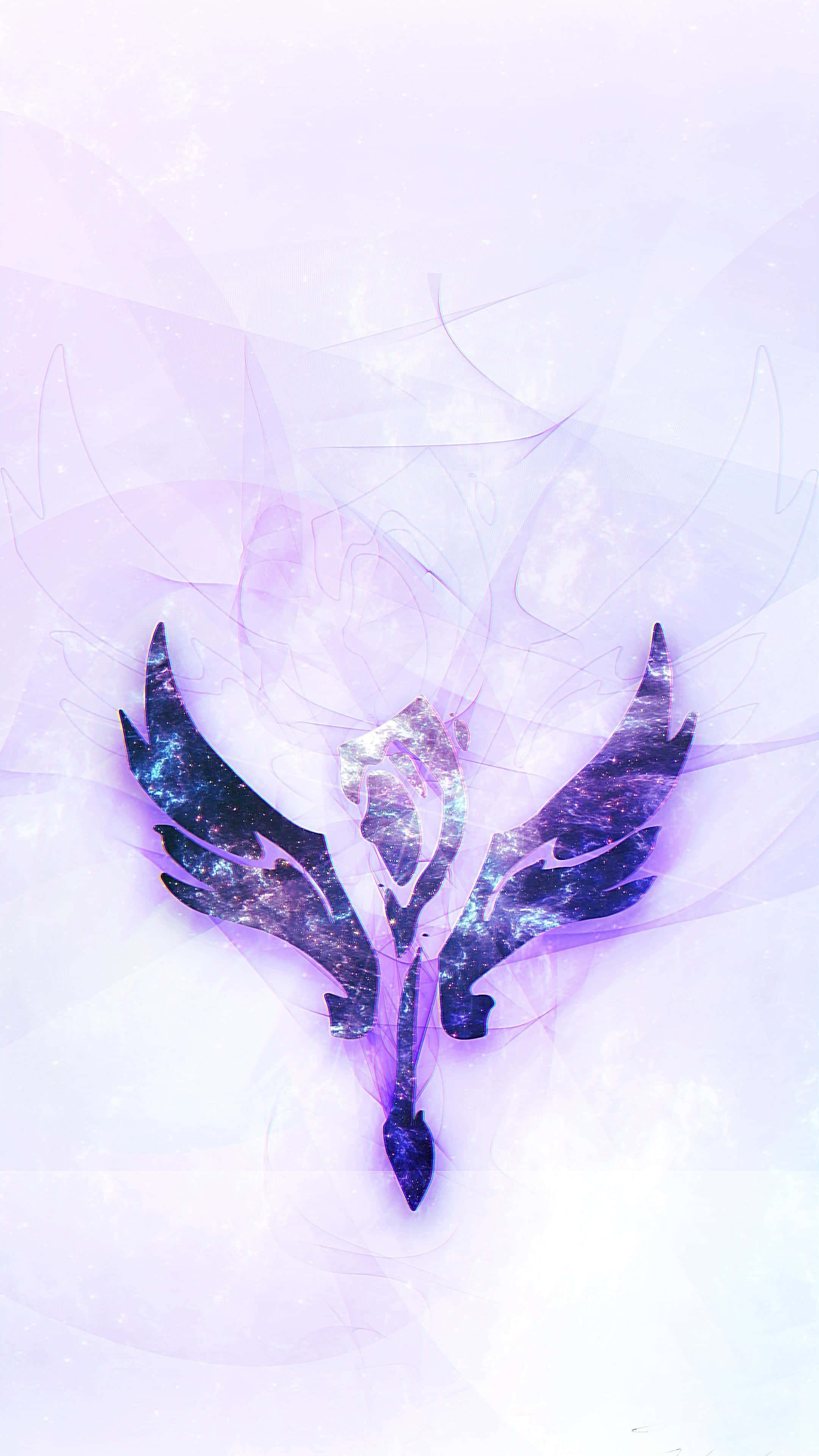 Android League Of Legends 桌布 壁紙 — 一個宇宙星系翅膀符號在柔和的薰衣草背景上發出紫色和藍色星雲的光芒。