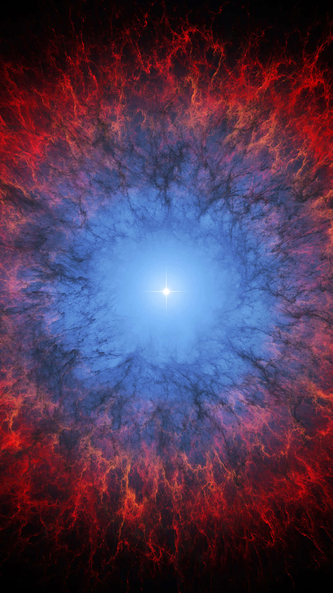 Supernova 桌布 壁紙 — 一個宇宙星雲，中心呈亮藍色，火紅色的觸手在黑暗虛空中向外旋轉。
