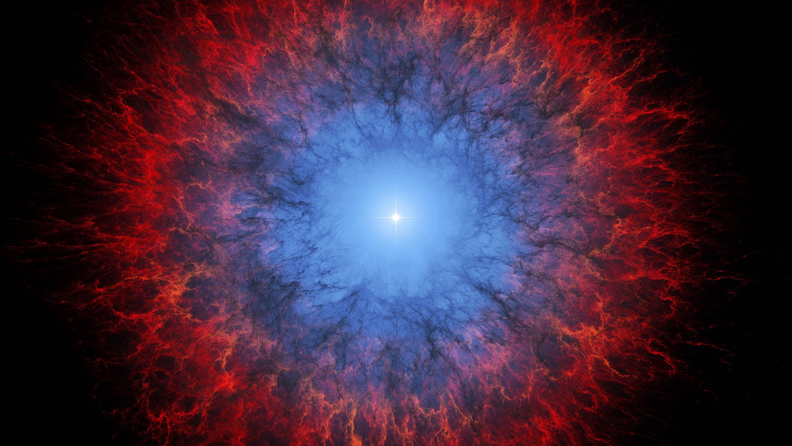 太空 桌布 壁紙 — 一個宇宙星雲，中心呈亮藍色，火紅色的觸鬚在黑色虛空中向外輻射。
