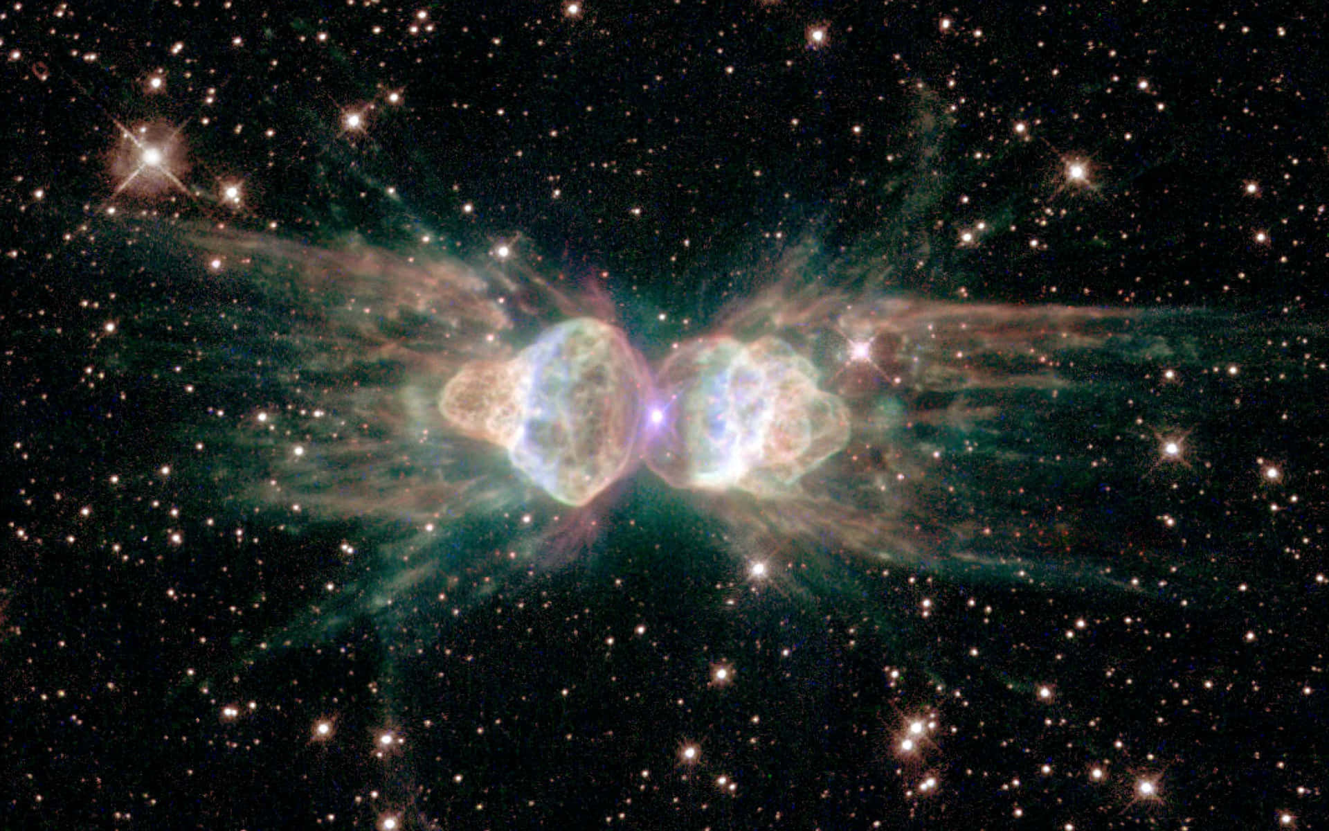 桌布 壁紙 — 一個宇宙星雲，兩個發光球體在星空中釋放出色彩繽紛的氣體雲。