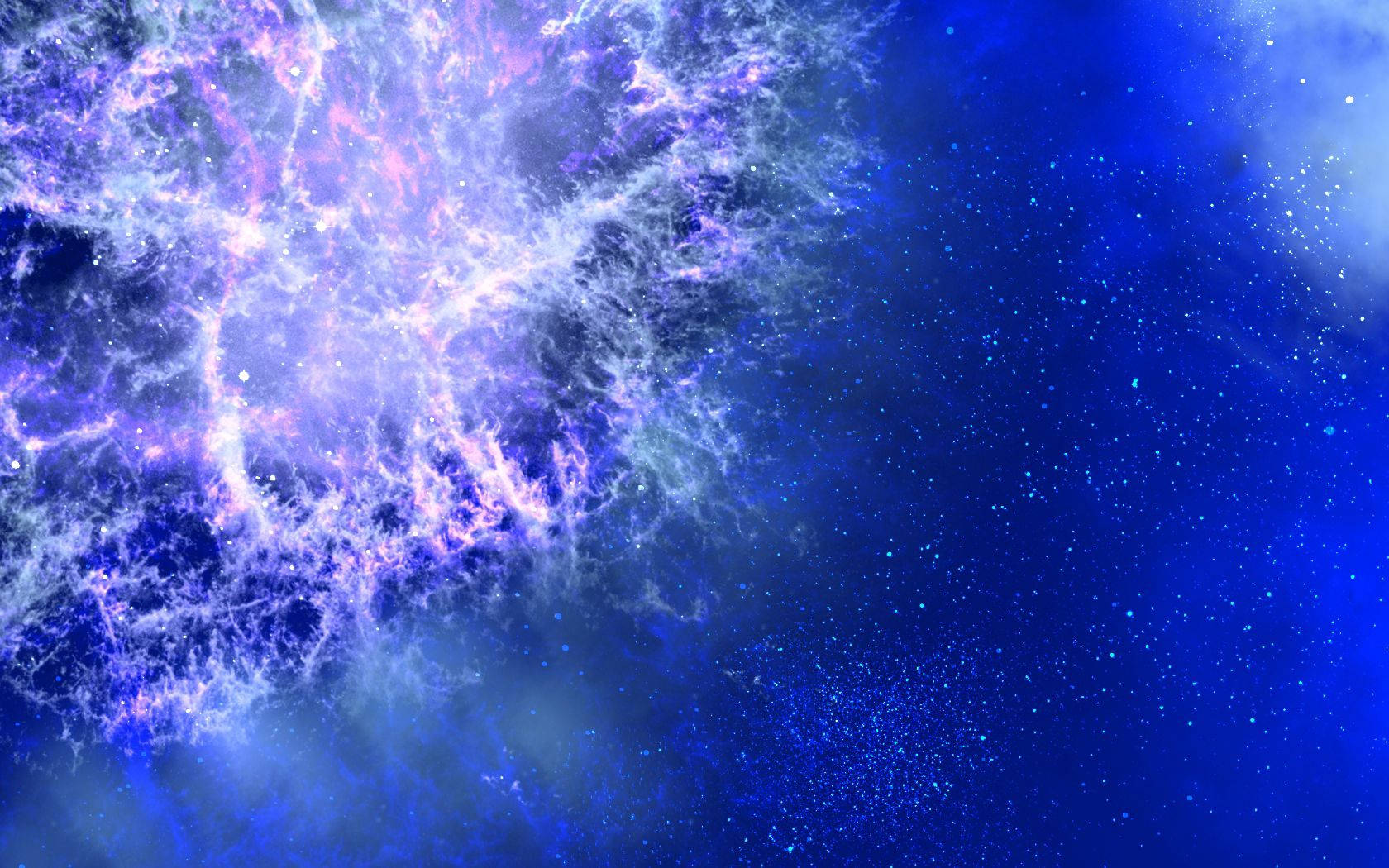 星星動圖 桌布 壁紙 — 一個宇宙星雲，帶有充滿活力的紫色和藍色卷鬚，在深空的星場中旋轉。