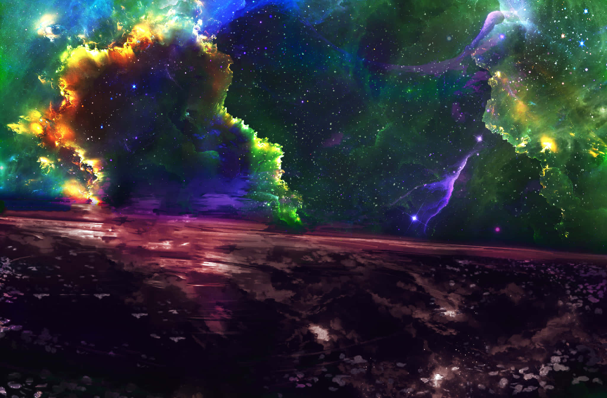 桌布 壁紙 — 一個宇宙星雲，帶有充滿活力的綠色、橙色和紫色雲朵，漂浮在星空下黑暗紋理表面之上。