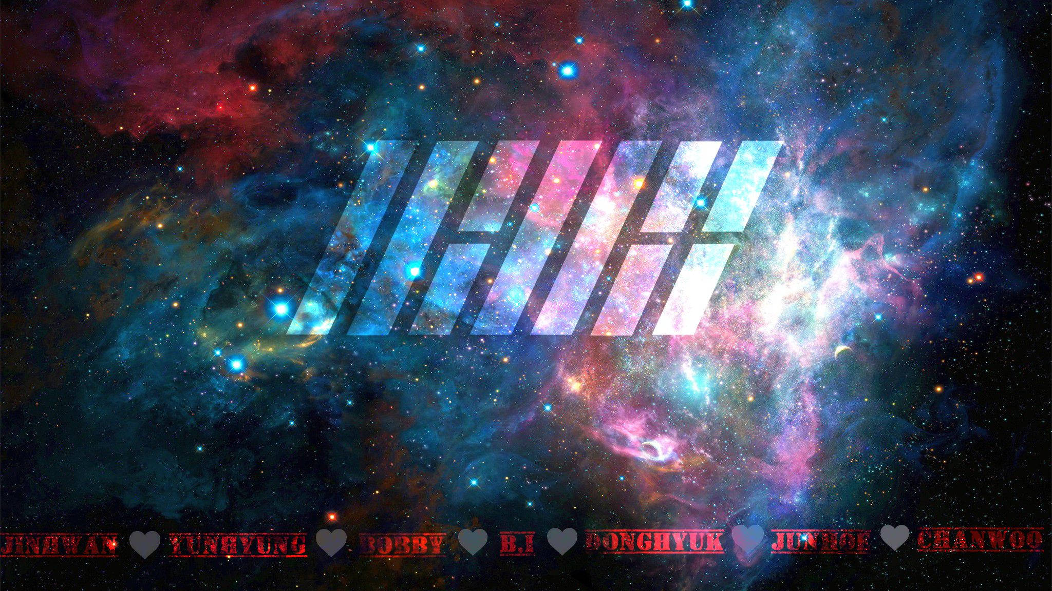 Ikon 桌布 壁紙 — 一個宇宙星雲，帶有旋轉的藍色、粉紅色和紅色，底部有一個發光的幾何標誌，上面覆蓋著成員名稱。
