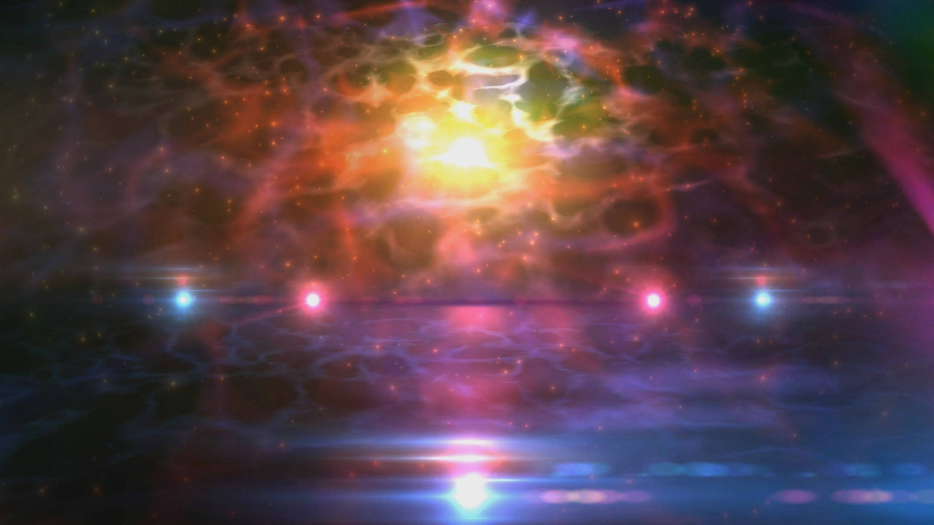 4K 桌布 壁紙 — 一個宇宙星雲，帶有火熱的橙色和紫色雲彩，在佈滿發光光點的反光表面上發光。