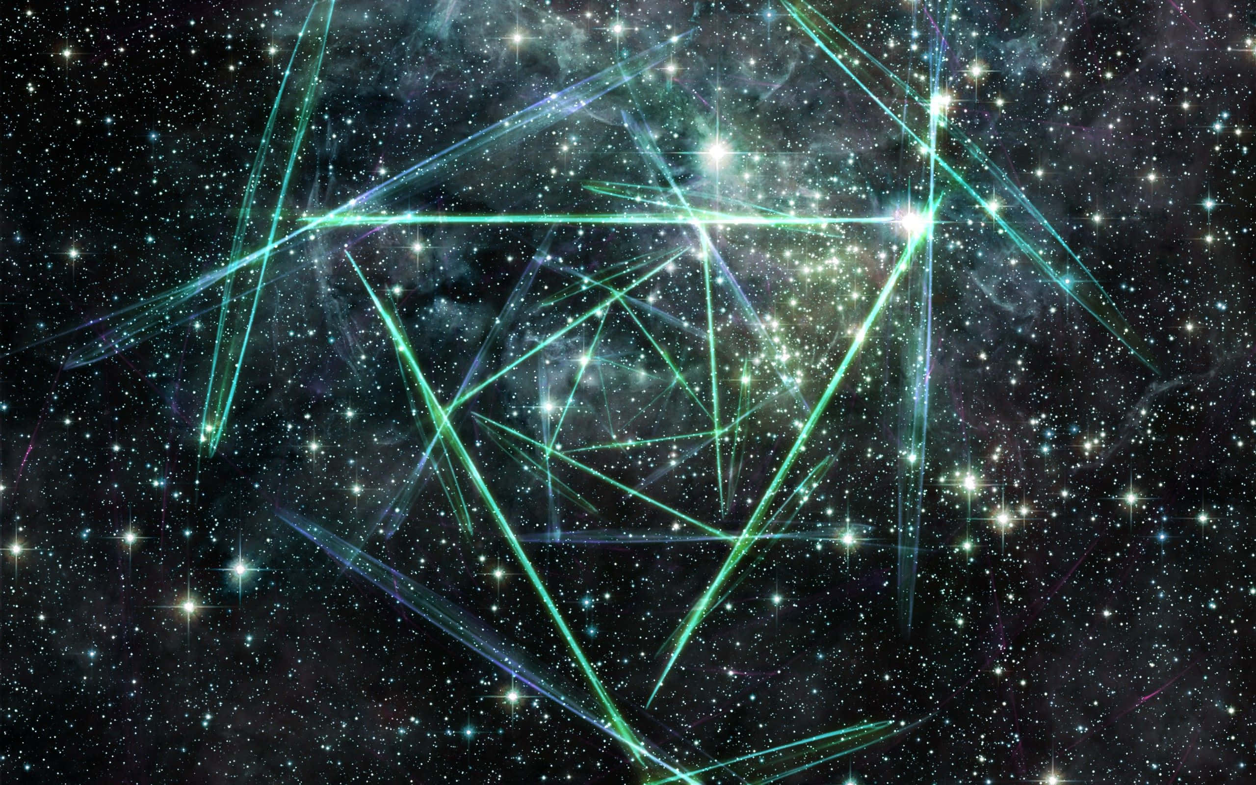 Green Galaxy 桌布 壁紙 — 一個宇宙星雲，帶有發光的綠色雷射狀線條，在星空中形成幾何星座。