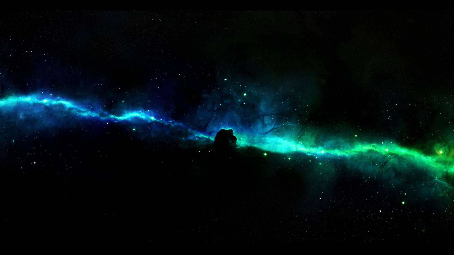 太空 桌布 壁紙 — 一個宇宙星雲，帶有發光的藍色和綠色雲彩，橫跨星場，下方有一個行星或月亮的黑色剪影。