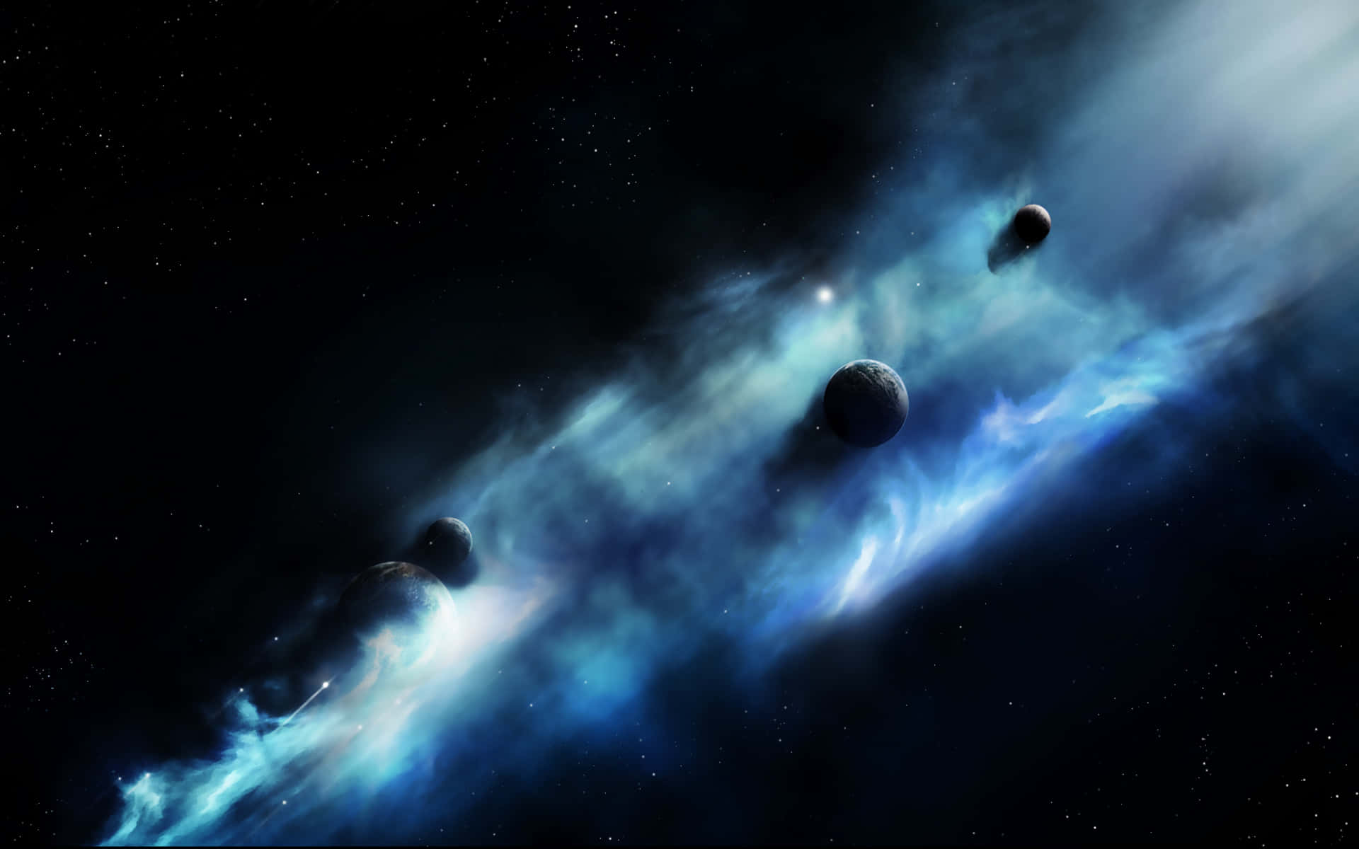 3d Space 桌布 壁紙 — 一個宇宙星雲，帶有發光的藍色雲朵和黑暗行星，在佈滿星辰的虛空中飄移。