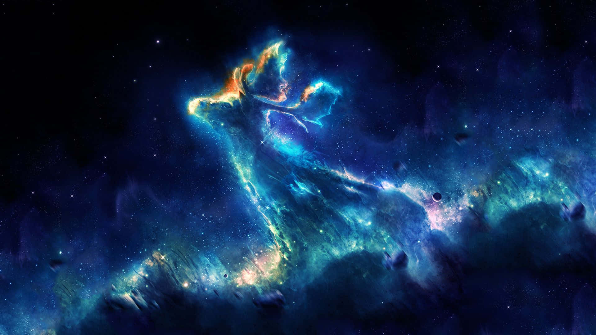 1920 X 1080 Nebula 桌布 壁紙 — 一個宇宙星雲，形狀像一隻雄偉的鹿，在繁星點點的夜空背景下散發出藍色和橙色的光芒。
