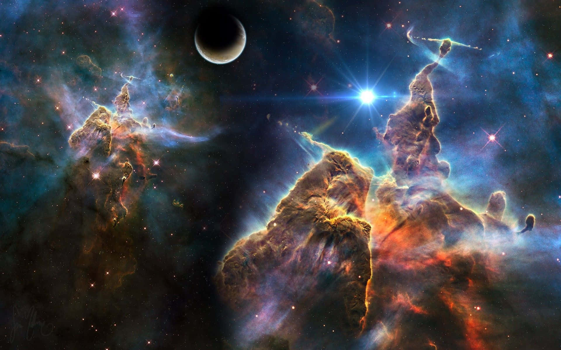 Trippy Space 桌布 壁紙 — 一個宇宙星雲，有高聳的氣體柱，被一顆明亮的恆星和背景中的一顆黑暗行星照亮。