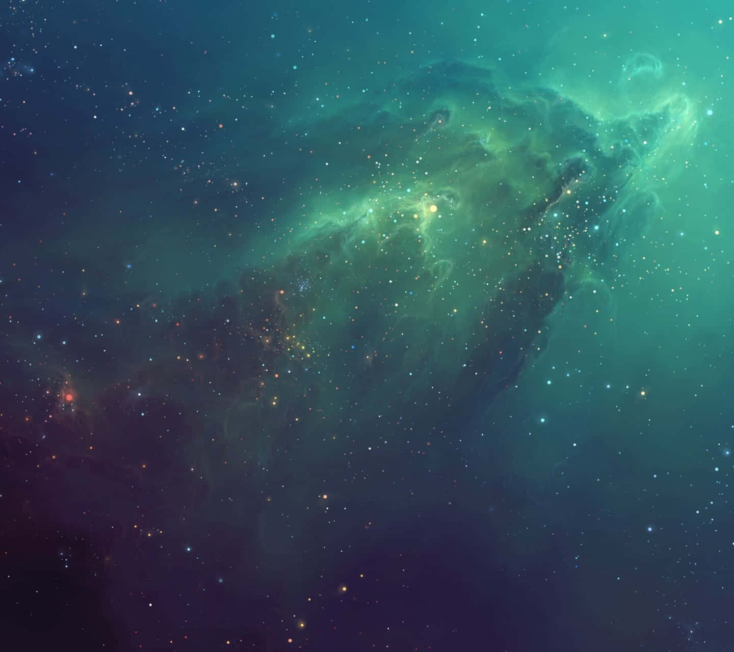 Galaxy Tab 桌布 壁紙 — 一個宇宙星雲以充滿活力的青綠色和祖母綠色調旋轉，背景是帶有發光橙色和藍色星星的星場。