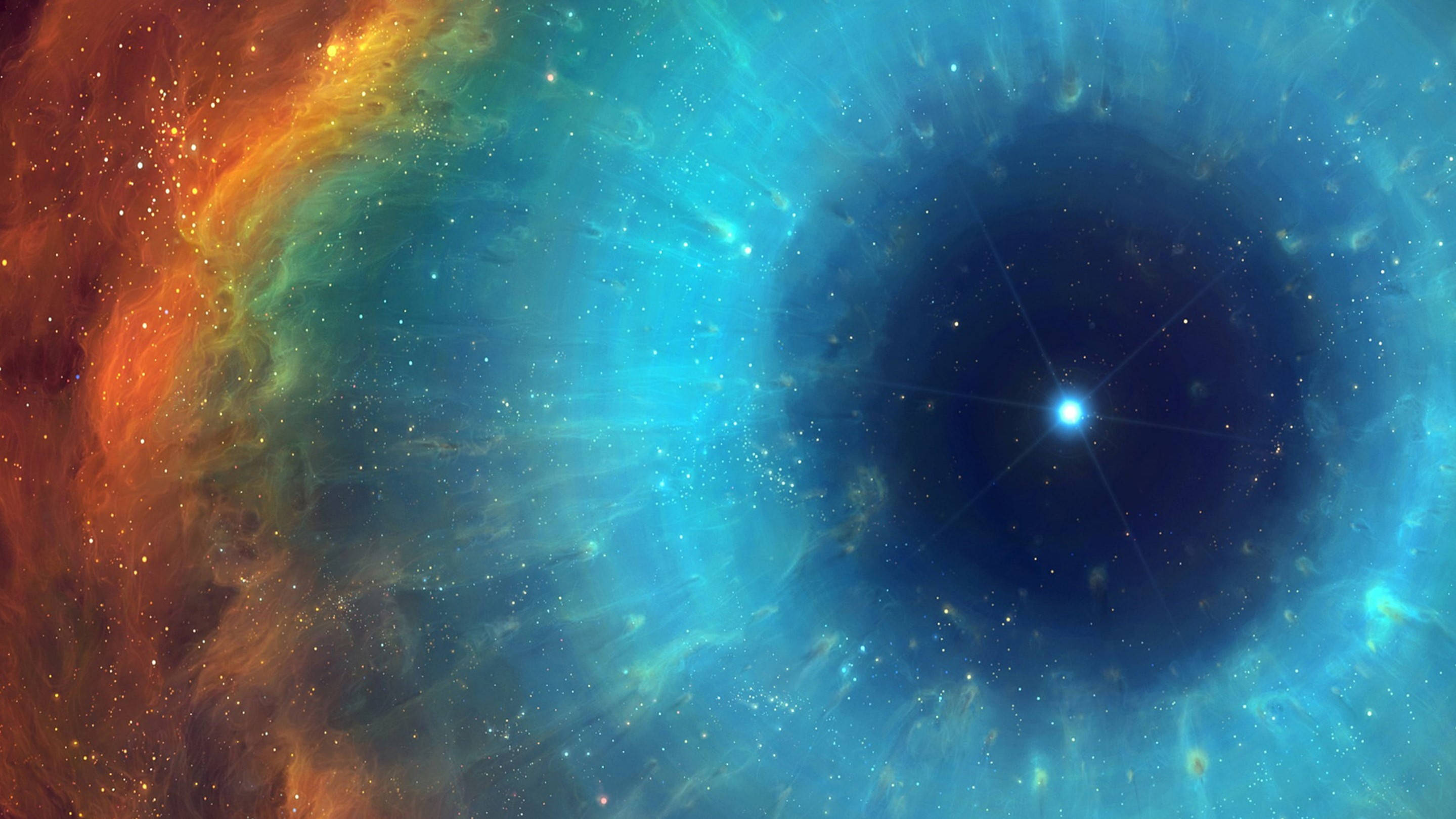 宇宙 桌布 壁紙 — 一個宇宙星雲以火橙色和電光藍色旋轉，中心有一顆明亮的恆星，周圍環繞著發光的氣體雲。